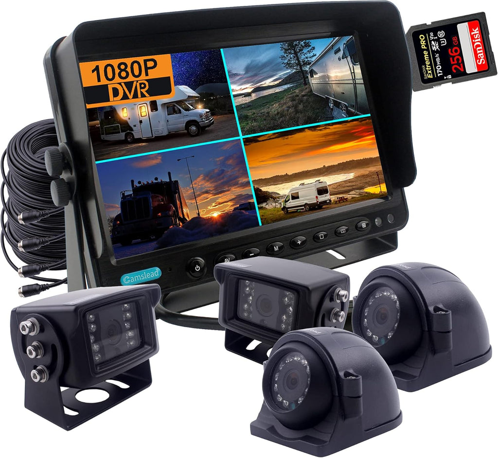 7 inch 1080P Backup Camera System with DVR Recorder, Quad Split Screen, Car Monitor + 2X Waterproof Reversing Cameras + 2X Safety Sides Camera G6266