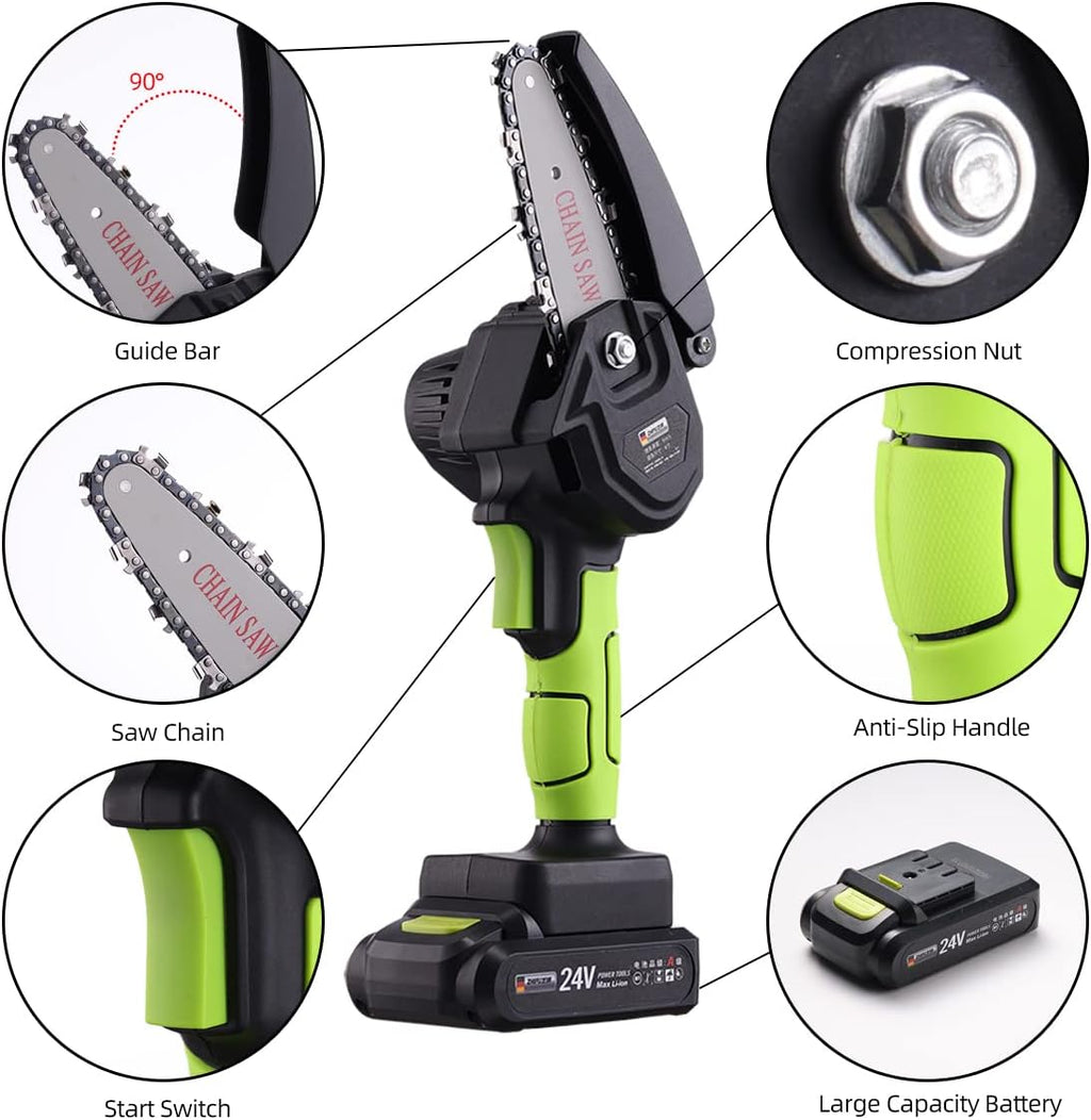 Mini Chainsaw Cordless 2 Pcs 24V Rechargeable Battery Portable One-Handed H4928