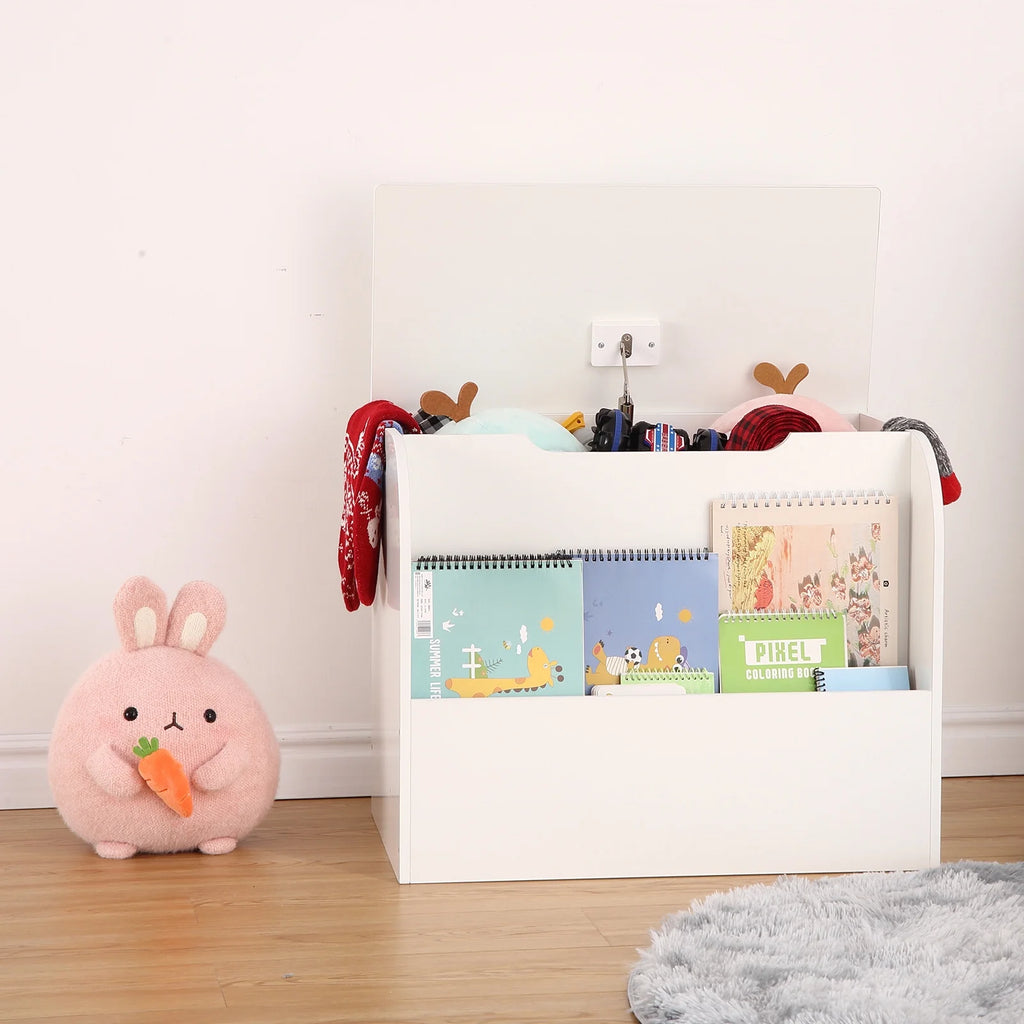 White Extra Large Wooden Toy Storage Bench with Safety Hinges G1147
