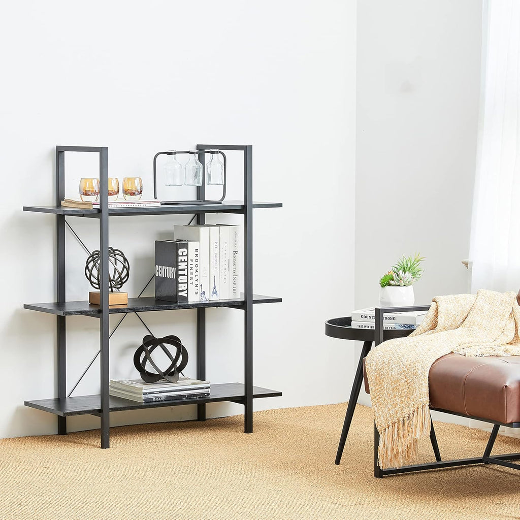 Black 3 Tier Metal Frame Wood Bookshelf D176