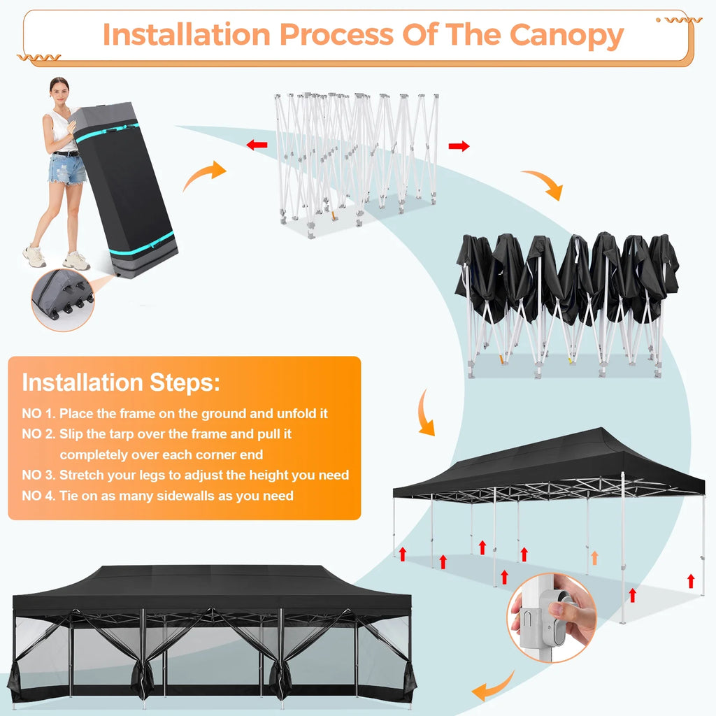 10x30 FT Pop Up Canopy with Removable 8 Piece Mesh Sidewalls, Black P100030
