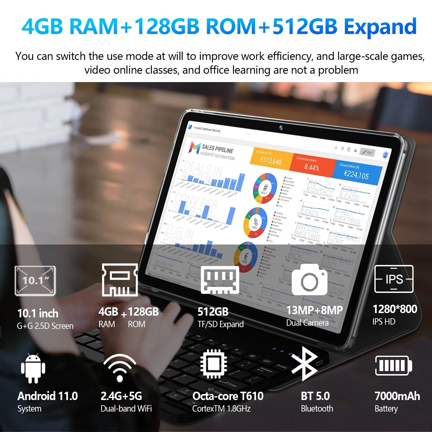 Gray 10.1 inch 128GB Tablet with Keyboard V538