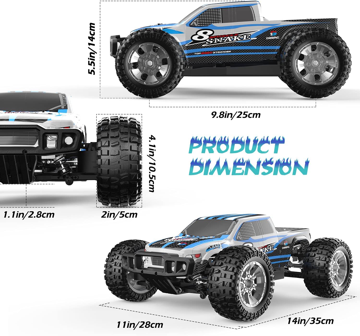 Large Hobby RC Car, 48 KM/H 1:10 Scale 4WD 2.4GHz Off Road Monster Truck Toy, 2 Batteries C549