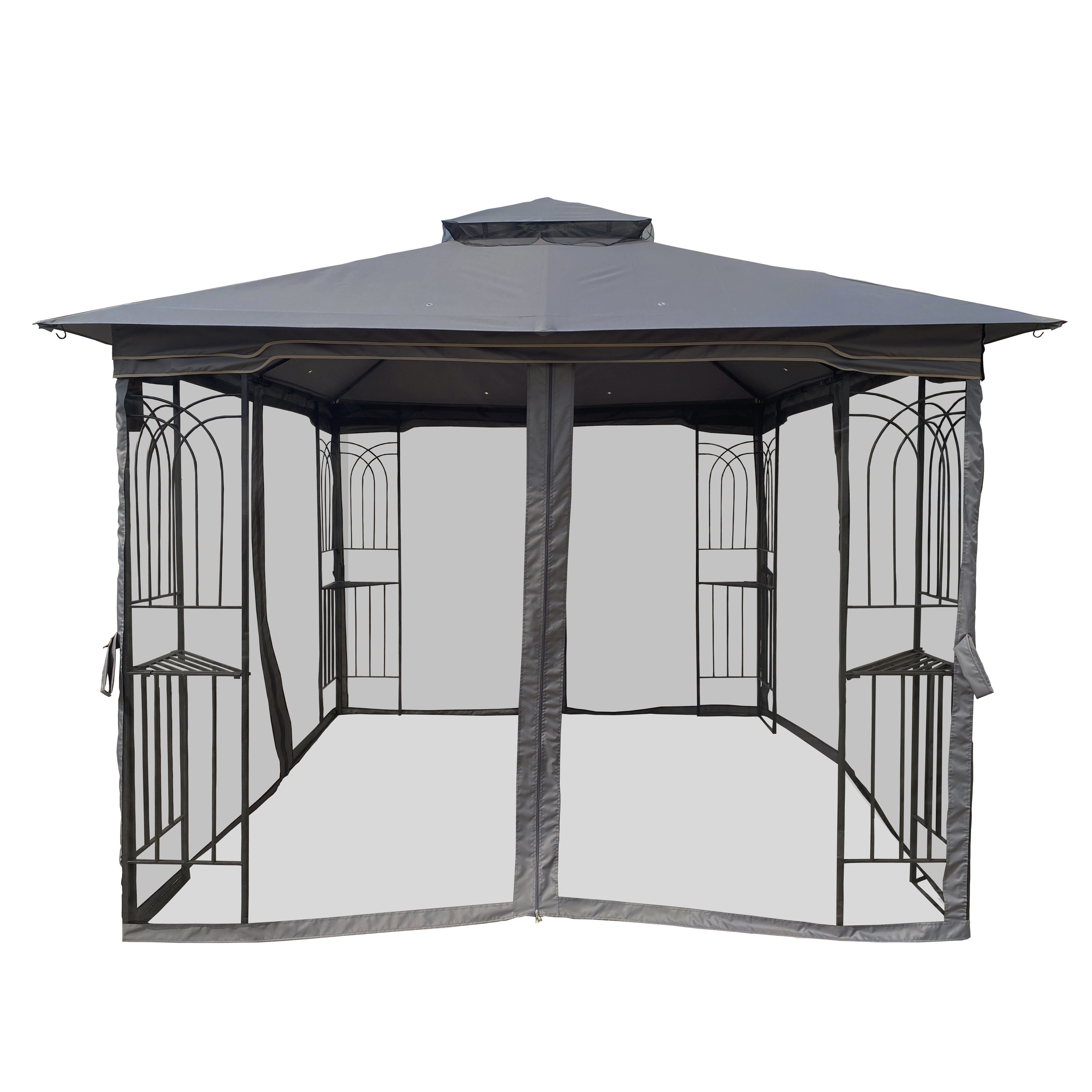 Gray Outdoor Patio Gazebo Canopy Shelter with Ventilated Double Roof and Mosquito Net C72906