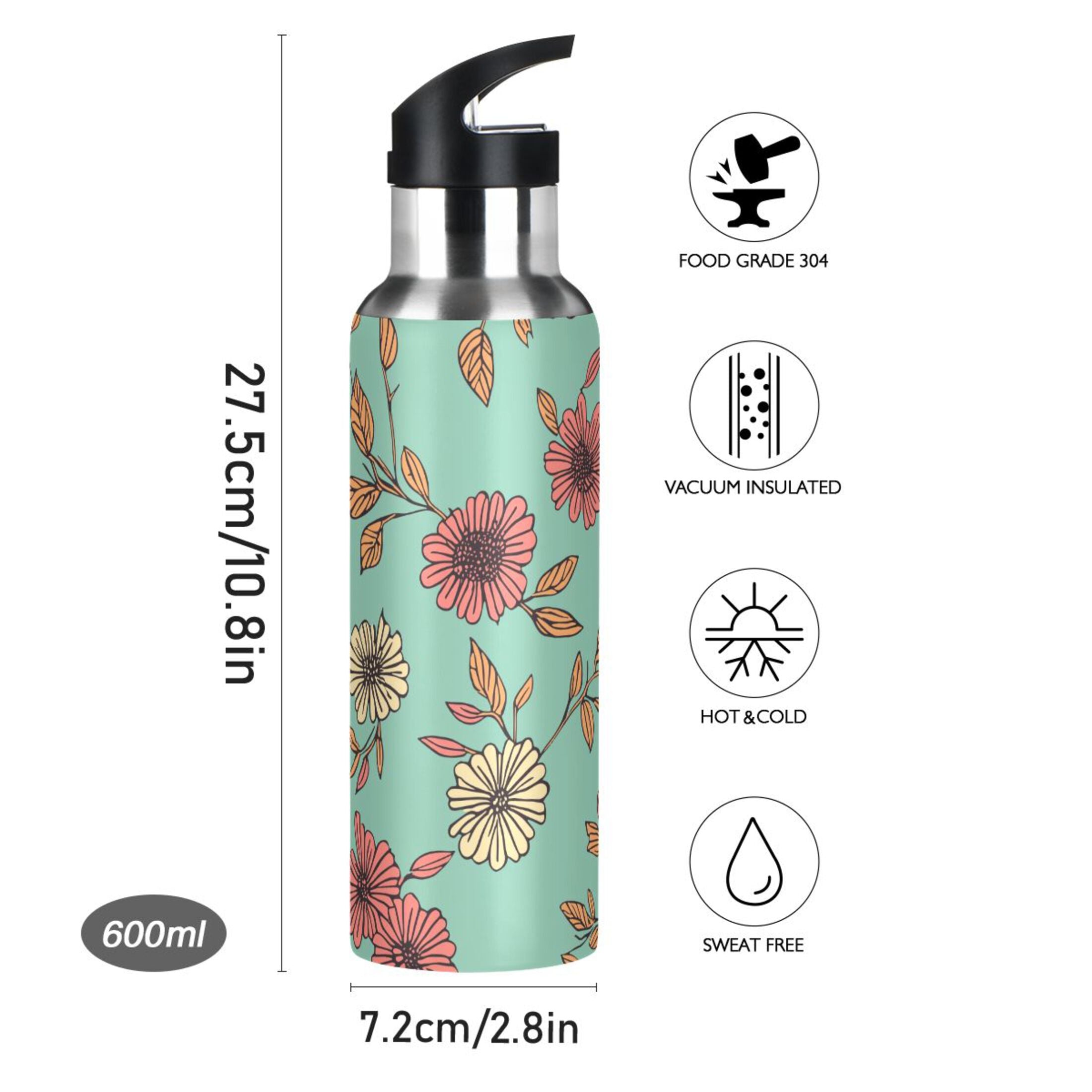 Retro Sunflowers Insulated Stainless Steel Water Bottle with Straw Lid, 20 oz R242863
