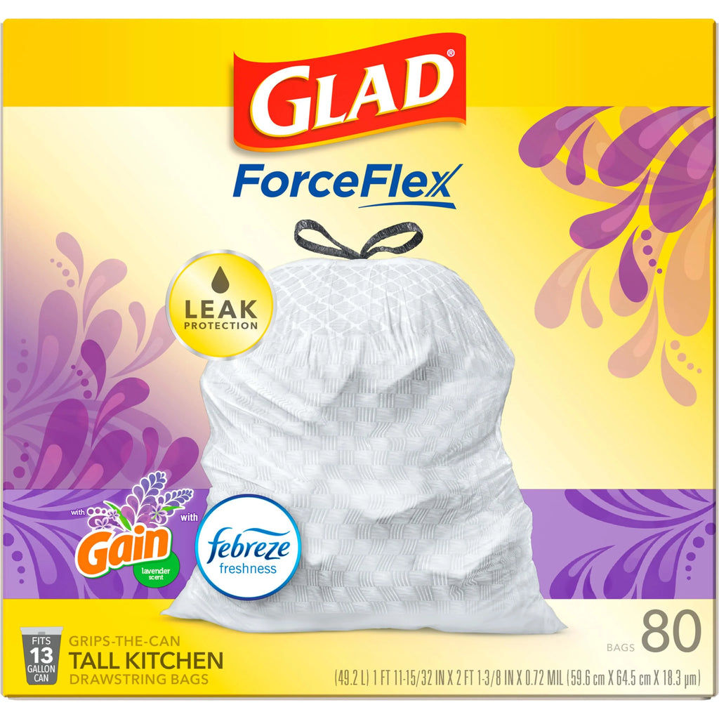 Glad ForceFlex Tall Kitchen Trash Bags, 13 Gallon, Lavender, 80 Count G343