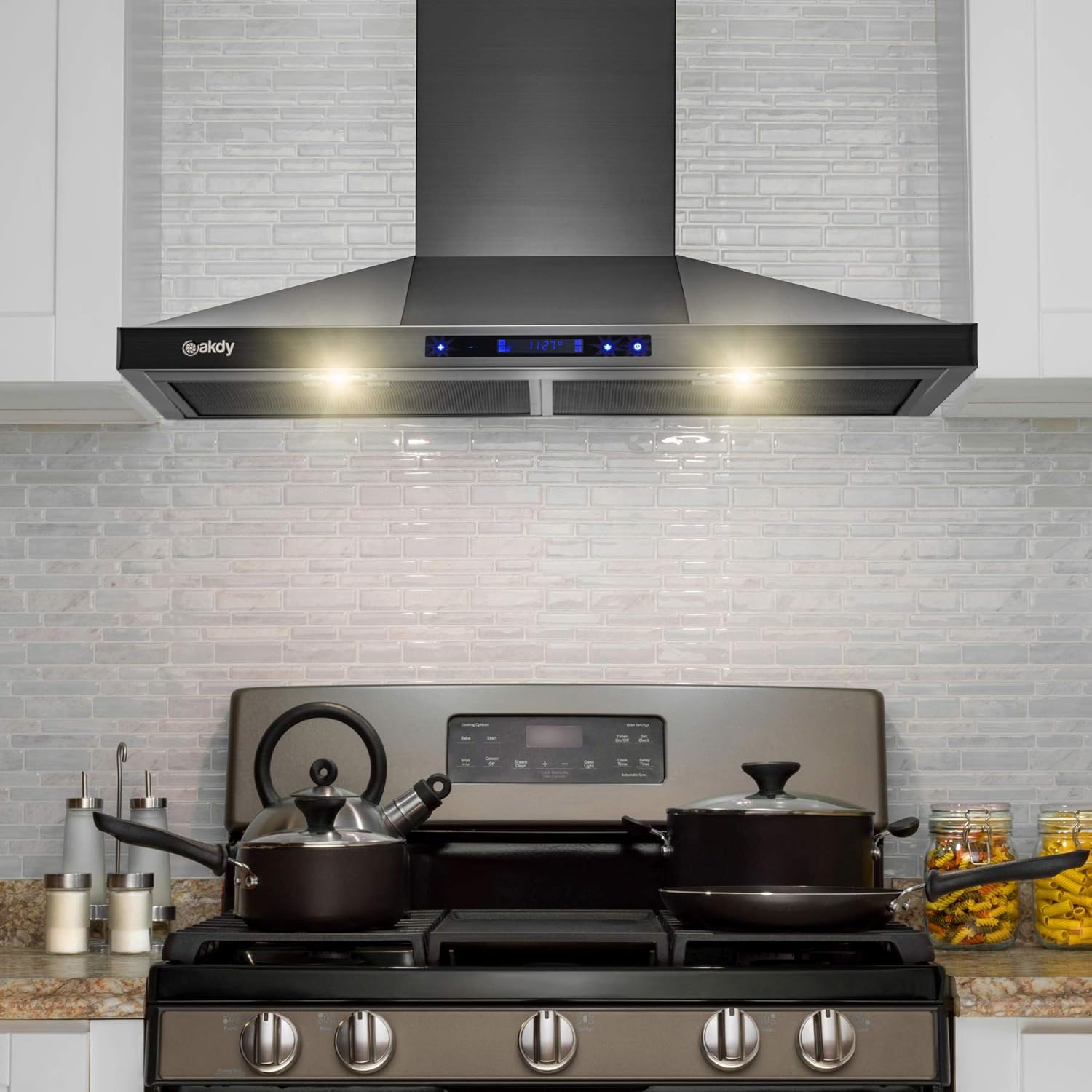 Black Stainless Steel Wall Mount Range Hood with Touch Panel and Carbon Filters T62841