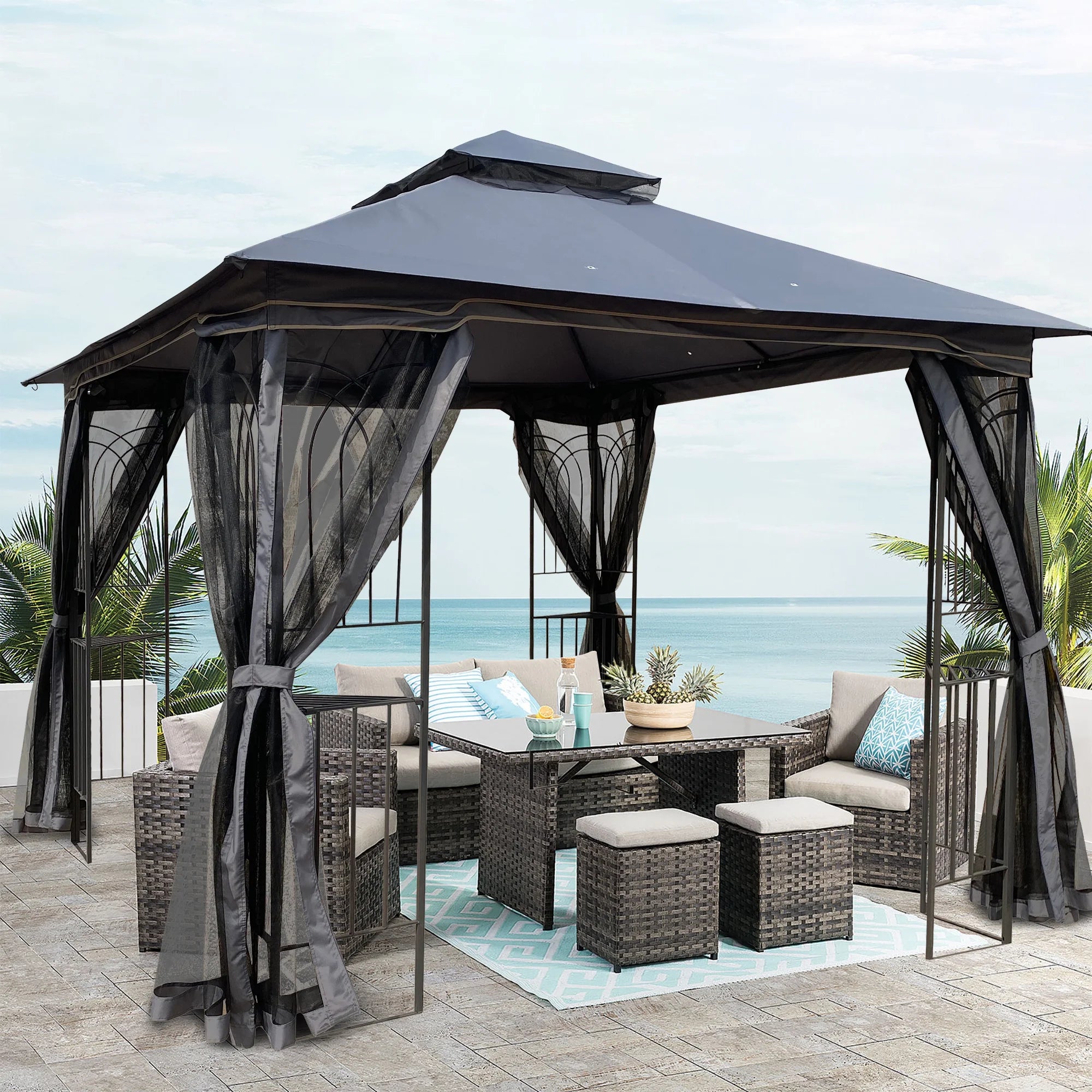 Gray Outdoor Patio Gazebo Canopy Shelter with Ventilated Double Roof and Mosquito Net C72906