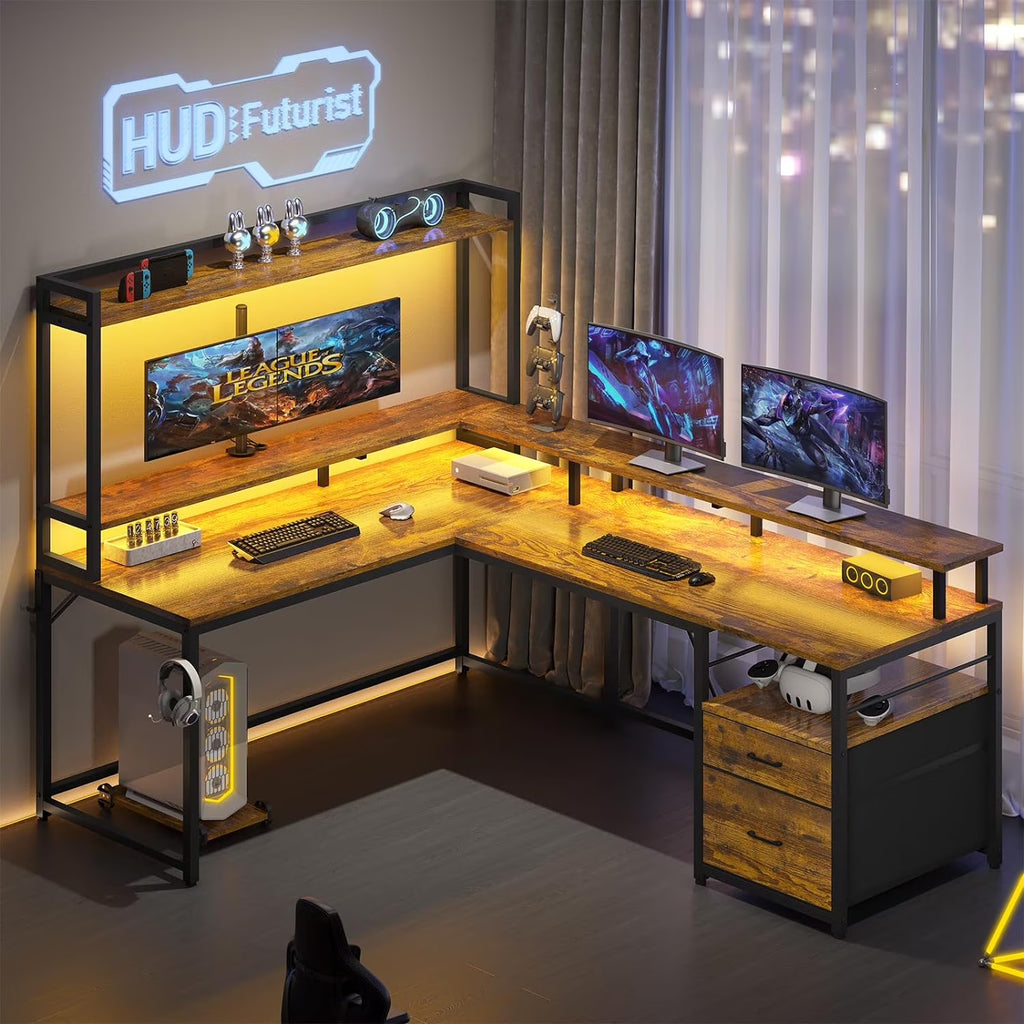 Brown L Shaped Desk with File Drawers and LED Lights A7877