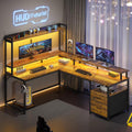 Brown L Shaped Desk with File Drawers and LED Lights A7877