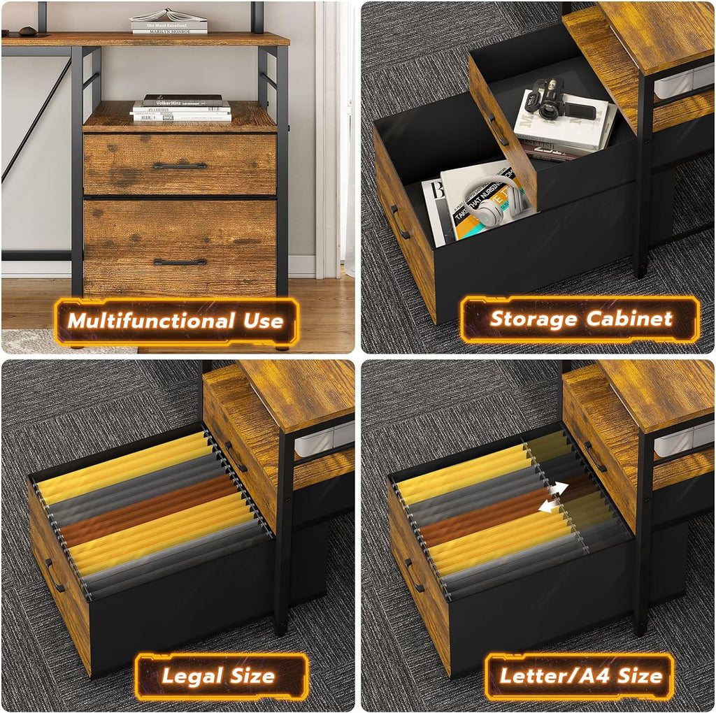 Brown L Shaped Desk with File Drawers and LED Lights A7877