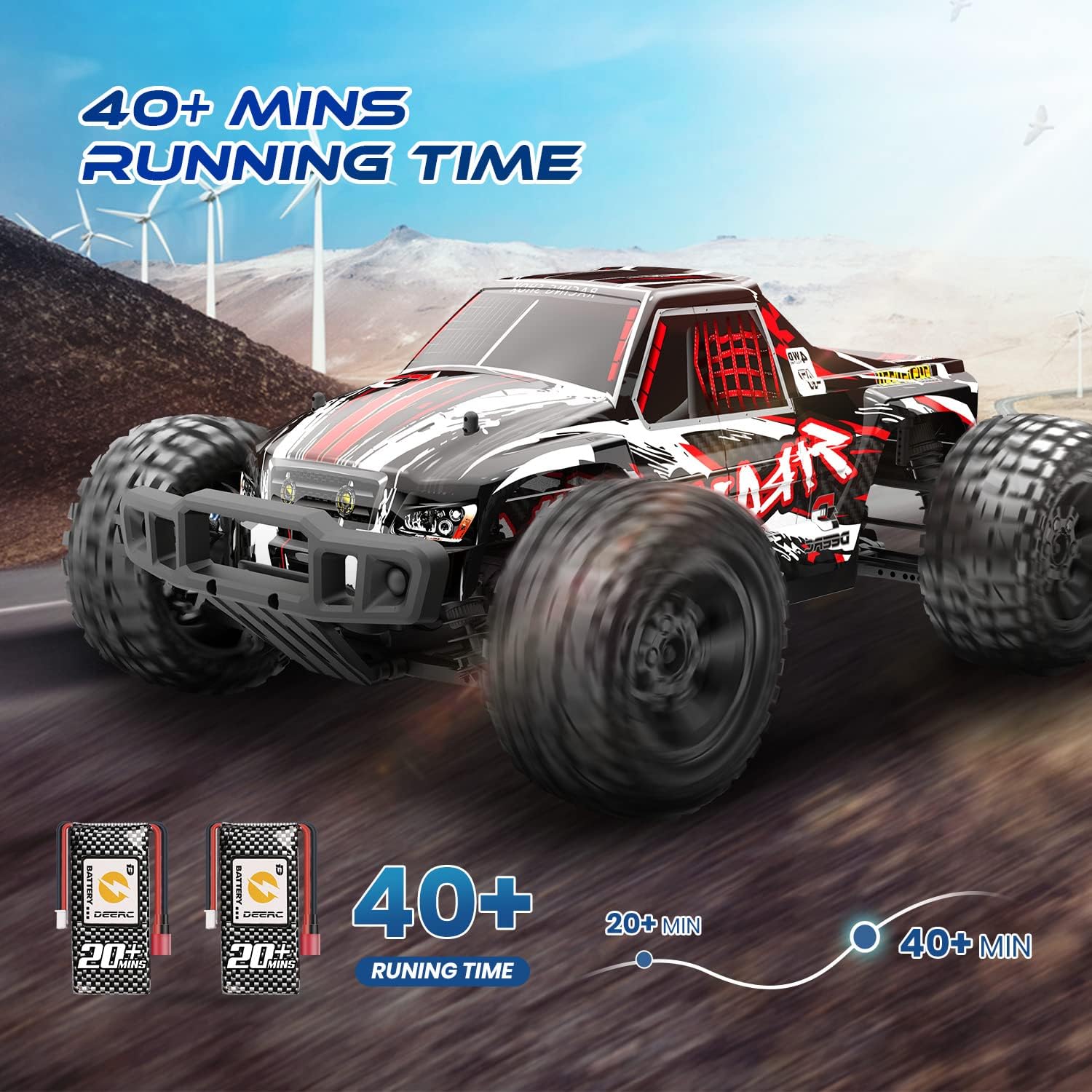 Large Hobby RC Car, 48 KM/H 1:10 Scale 4WD 2.4GHz Off Road Monster Truck Toy, 2 Batteries C549
