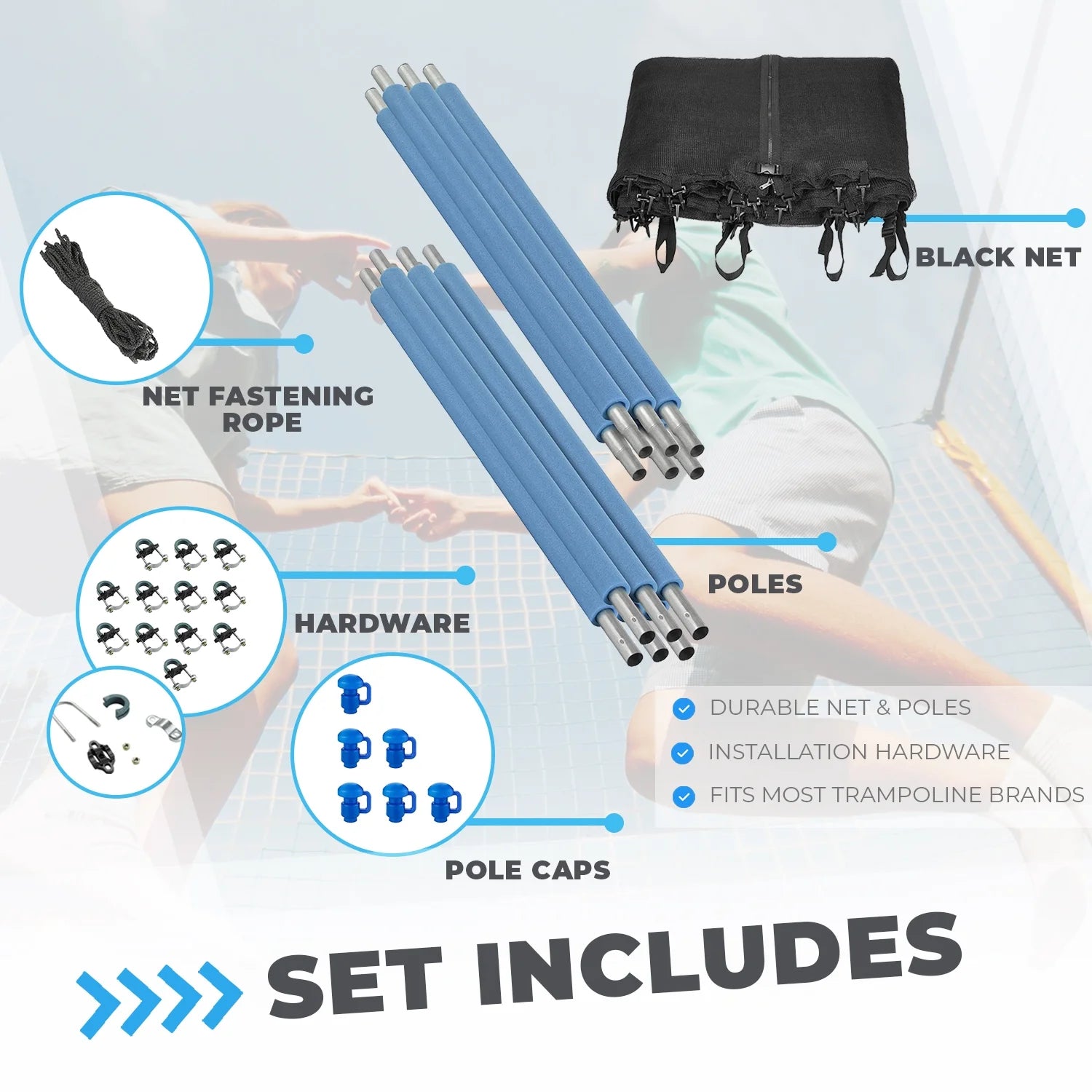 Trampoline Safety Enclosure Net, 6 Poles & Hardware, Fits 16 FT. Round Frame G141