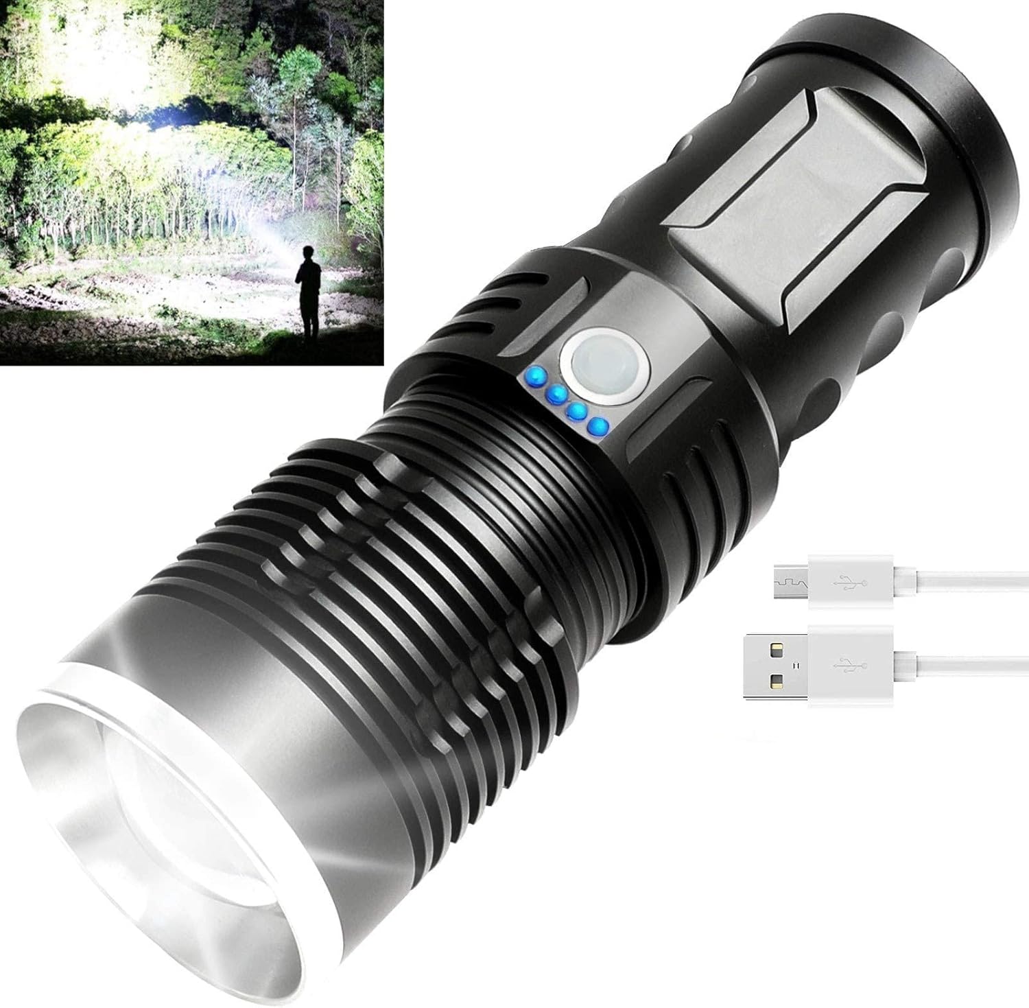 100000 Lumen Rechargeable Flashlight with USB Cable, 3 Modes, Zoomable, Waterproof F95879