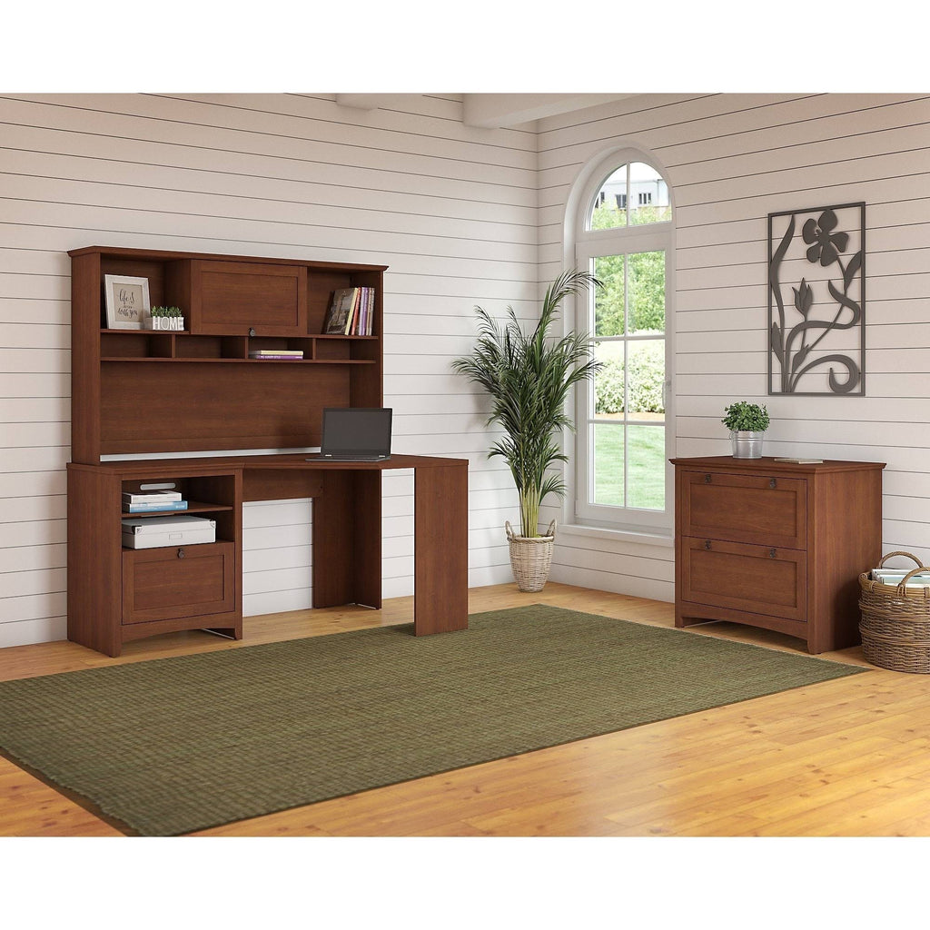 Corner Desk with Hutch and Lateral File Cabinet in Serene Cherry X233
