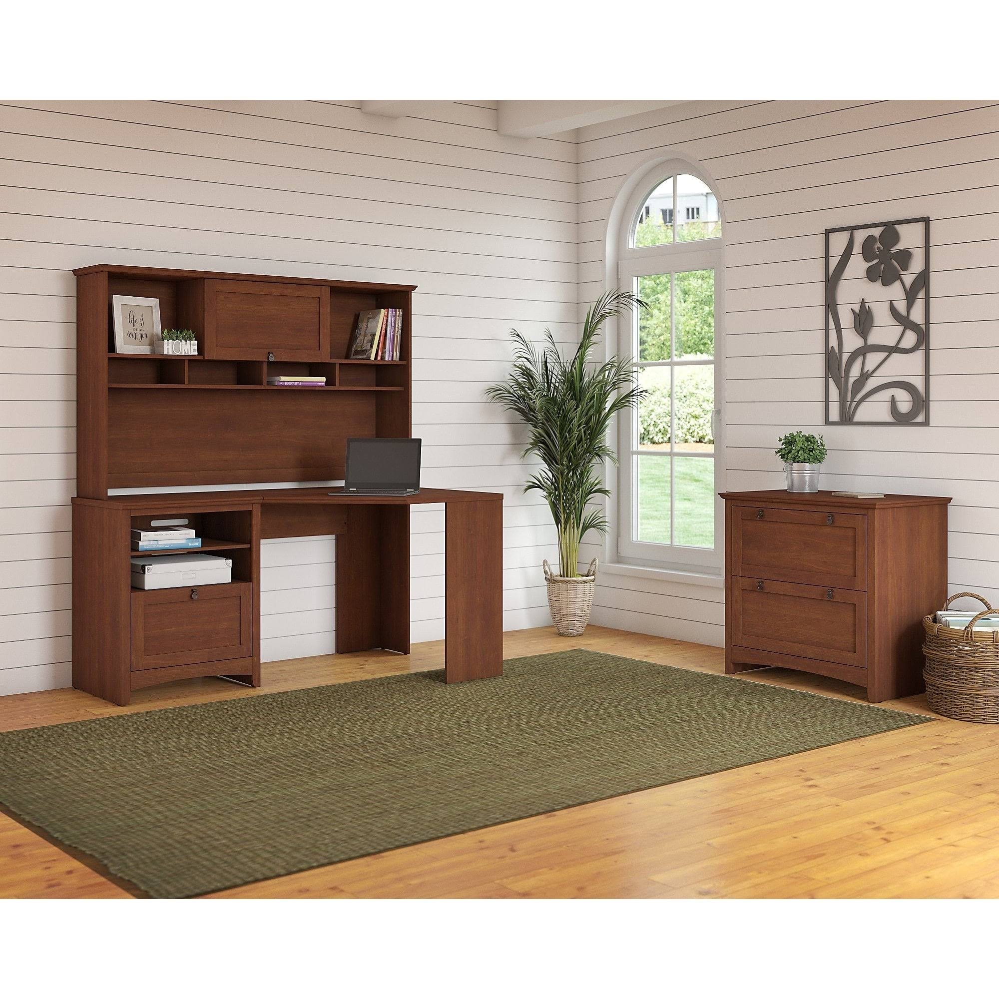 Corner Desk with Hutch and Lateral File Cabinet in Serene Cherry X233