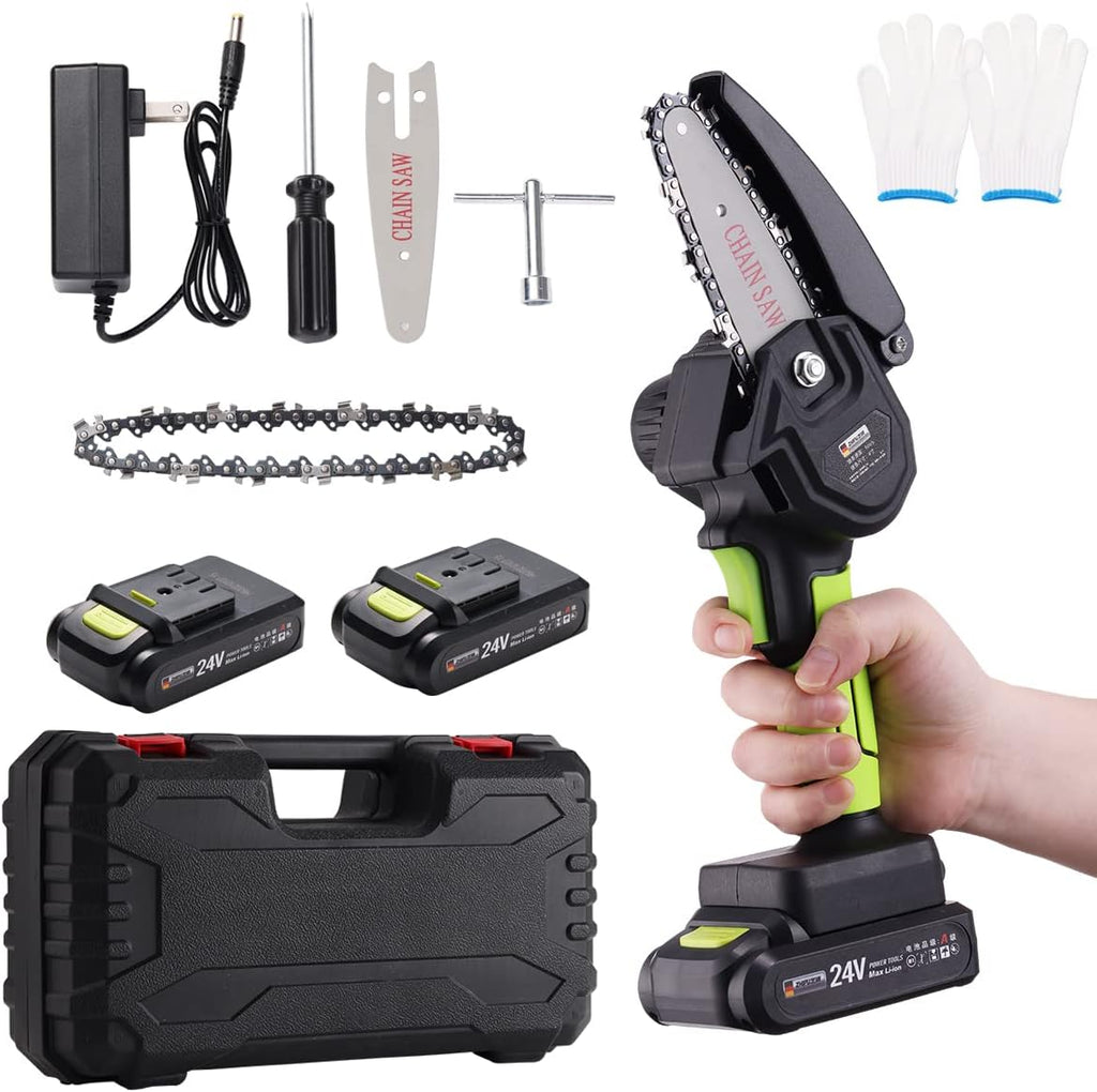 Mini Chainsaw Cordless 2 Pcs 24V Rechargeable Battery Portable One-Handed H4928