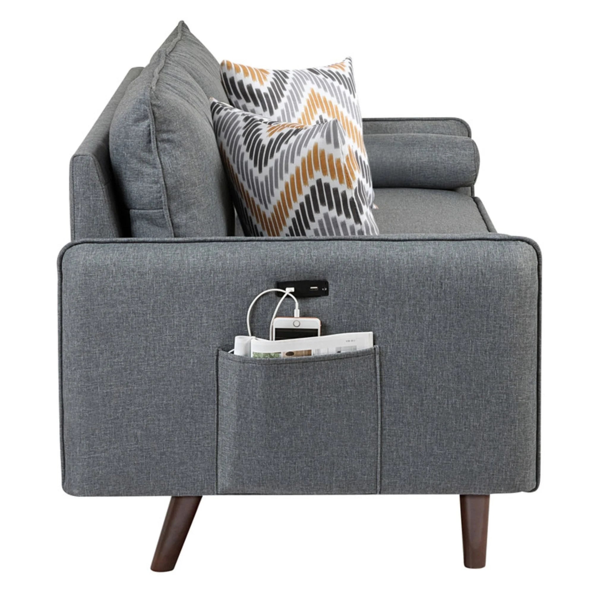 Gray Linen Loveseat Couch with USB Charging Ports & Pillows H7738