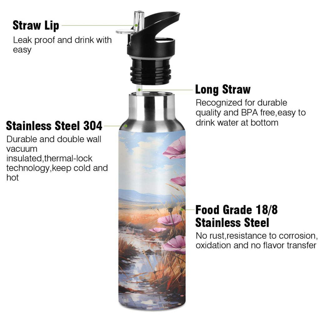 Pink Flowers Stainless Steel Insulated Water Bottle with Straw Lid C577