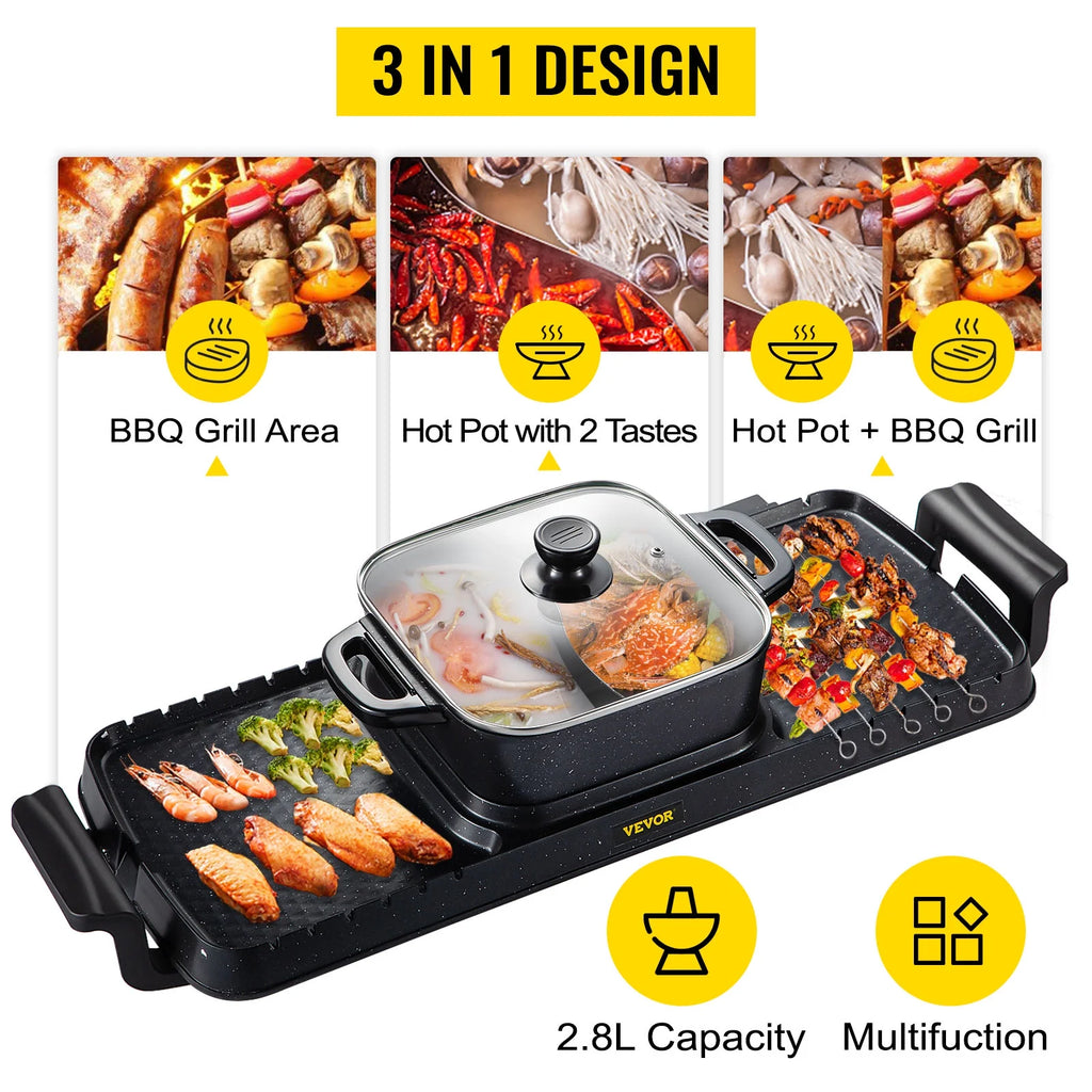 2in1 Electric BBQ Grill Hot Pot 2400W Smokeless Nonstick Detachable J39494