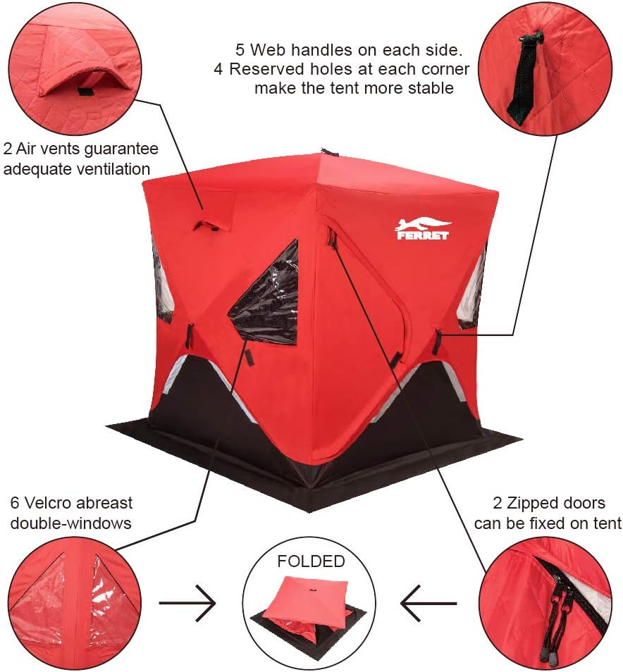 Red 1-2 Person 58X58X66 Waterproof Pop-up Ice Shelter Tent with Carrier Bag B384379