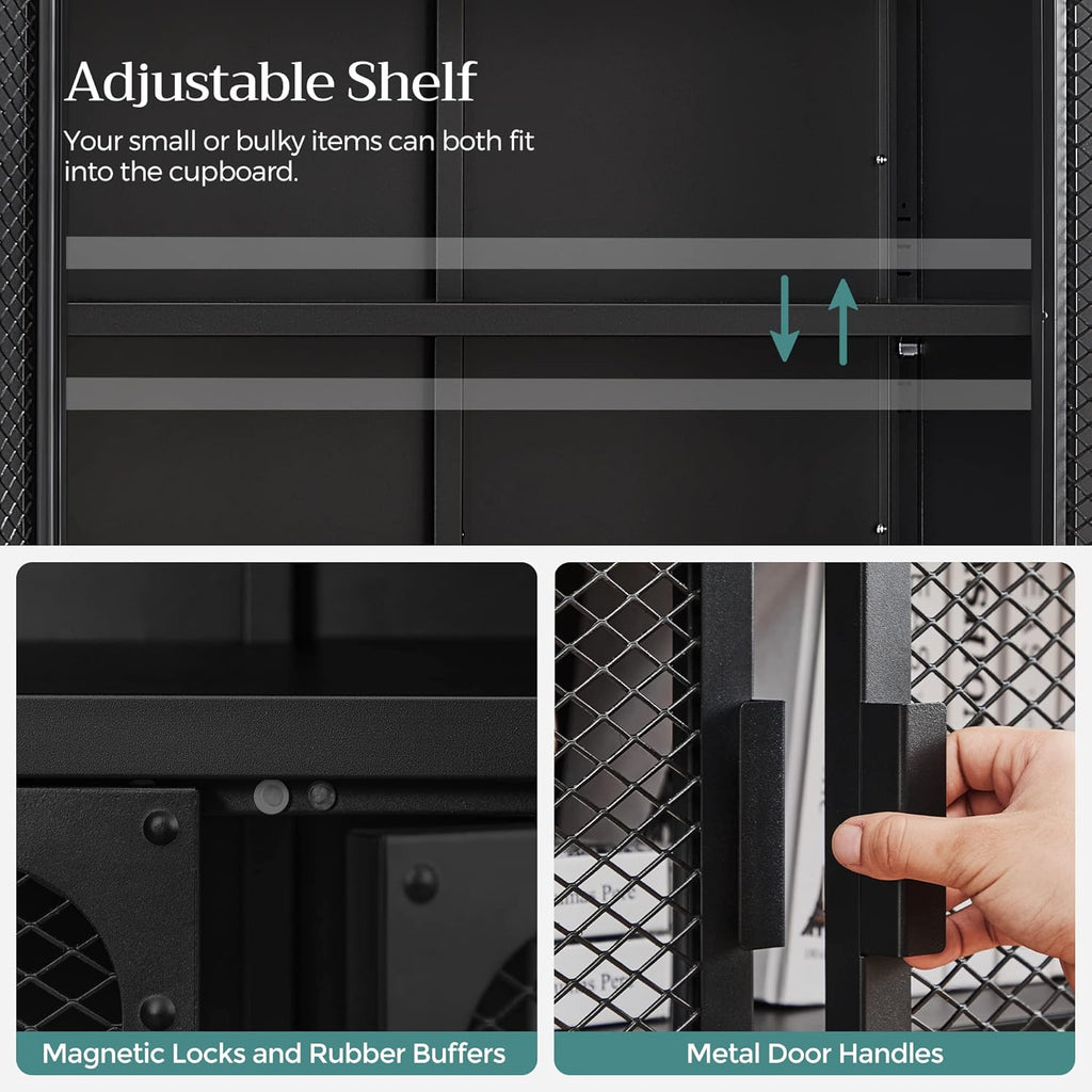 Rustic Brown and Black Storage Cabinet with Mesh Doors and Adjustable Shelf H506