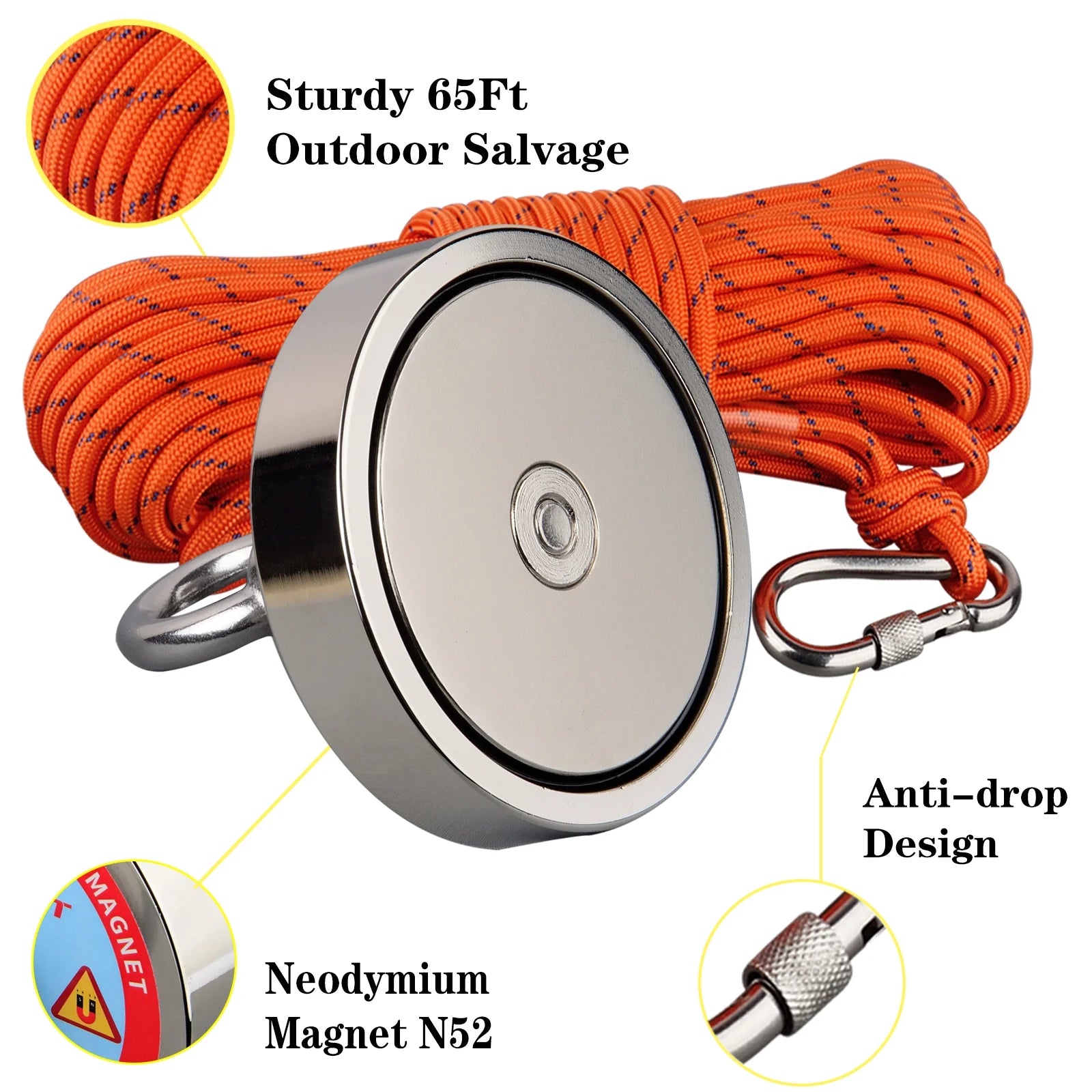Magnet Fishing Kit 1200LB Dia.3.81in Neodymium Magnet N52 with 20 Meters Rope J155