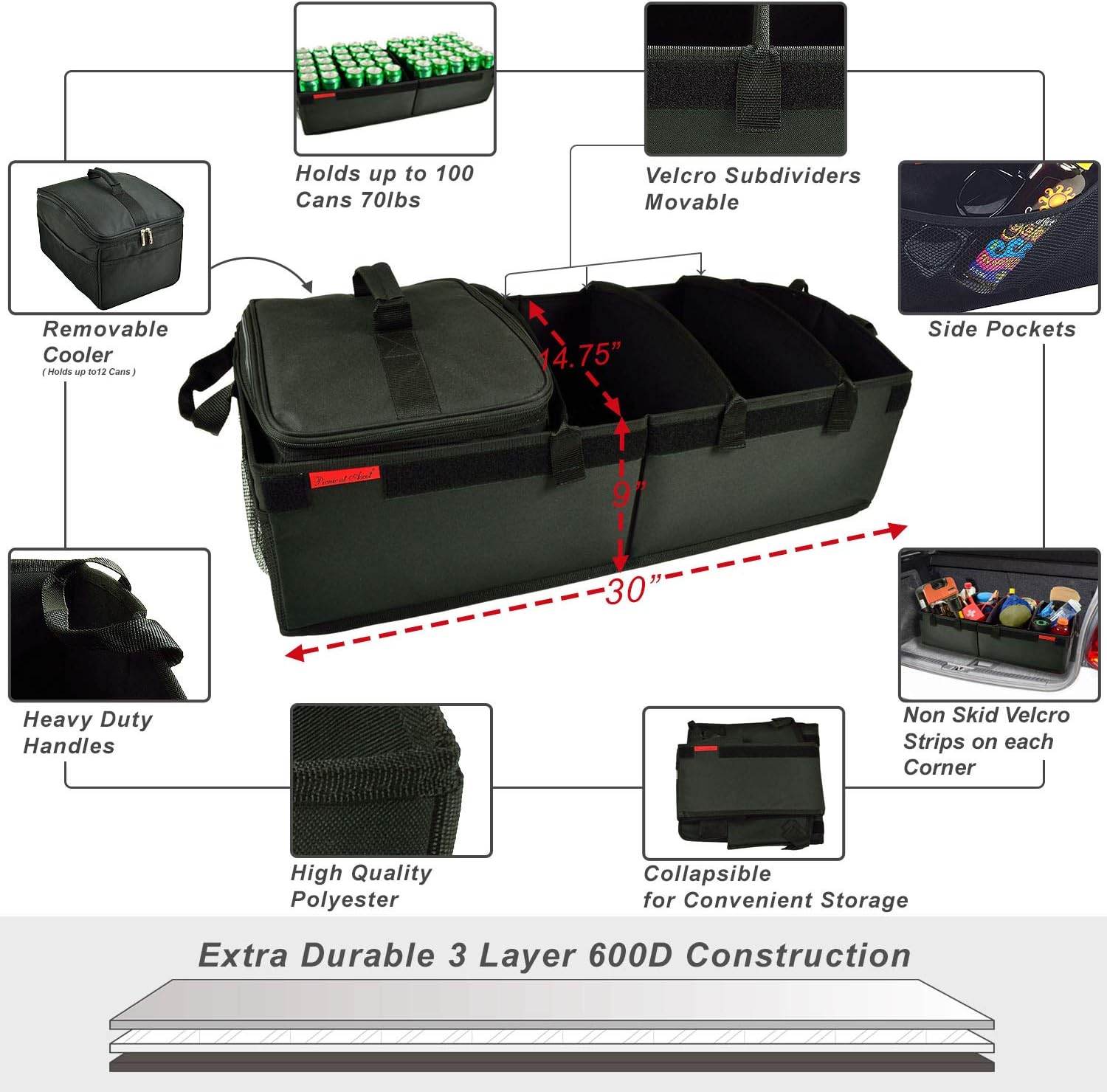 Heavy Duty Rigid Base Trunk Organizer with 28 Can Capacity Leak Proof Cooler F348241