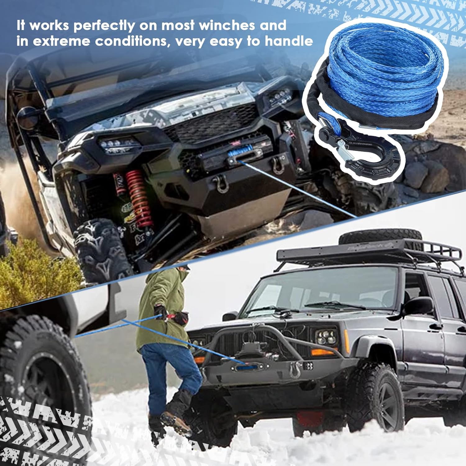 Synthetic Winch Rope 17/64'' x 50', 10000LBS 12 Strands with Protective Sleeve Winch Hook, Pack of 2 O850529