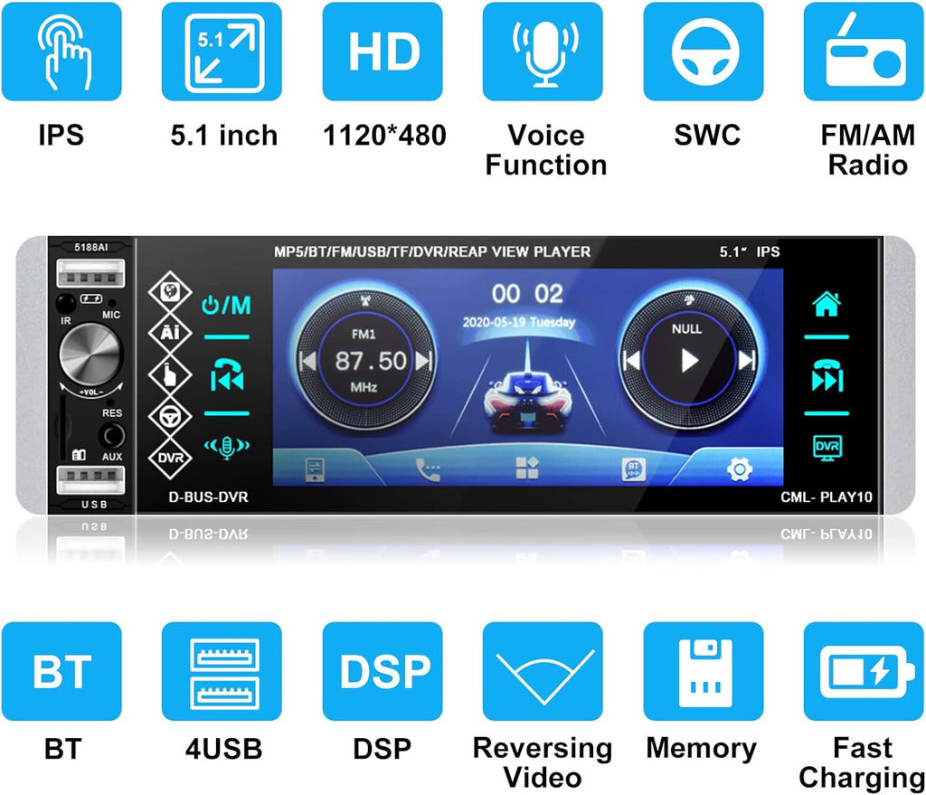 Single Din 5.1 Inch Touchscreen Car Stereo with Bluetooth V69767