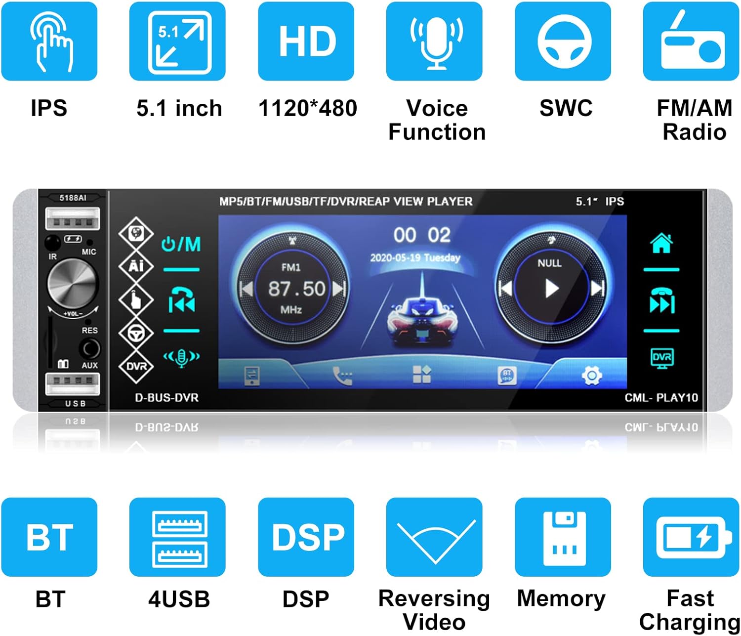 Single Din 5.1 Inch Touchscreen Car Stereo with Bluetooth V69767