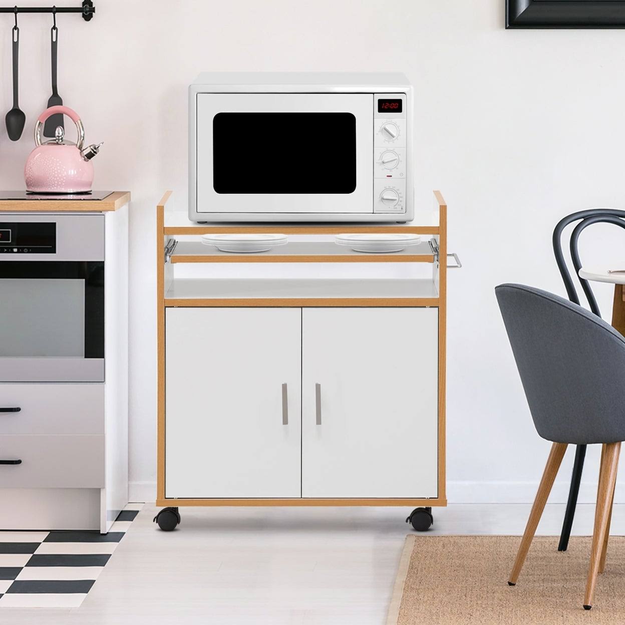 White Rolling Kitchen Trolley Microwave Cart Storage Cabinet with Removable Shelf H2954