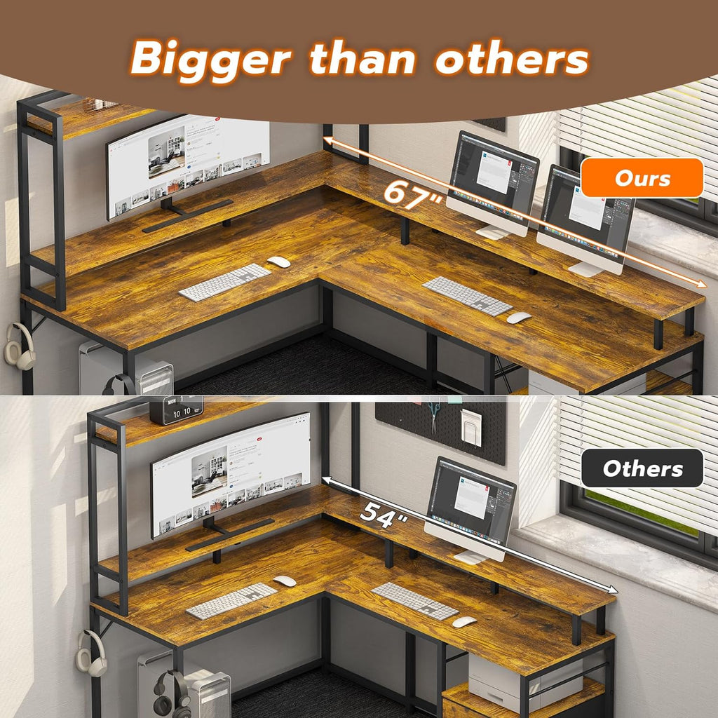 Brown L Shaped Desk with File Drawers and LED Lights A7877