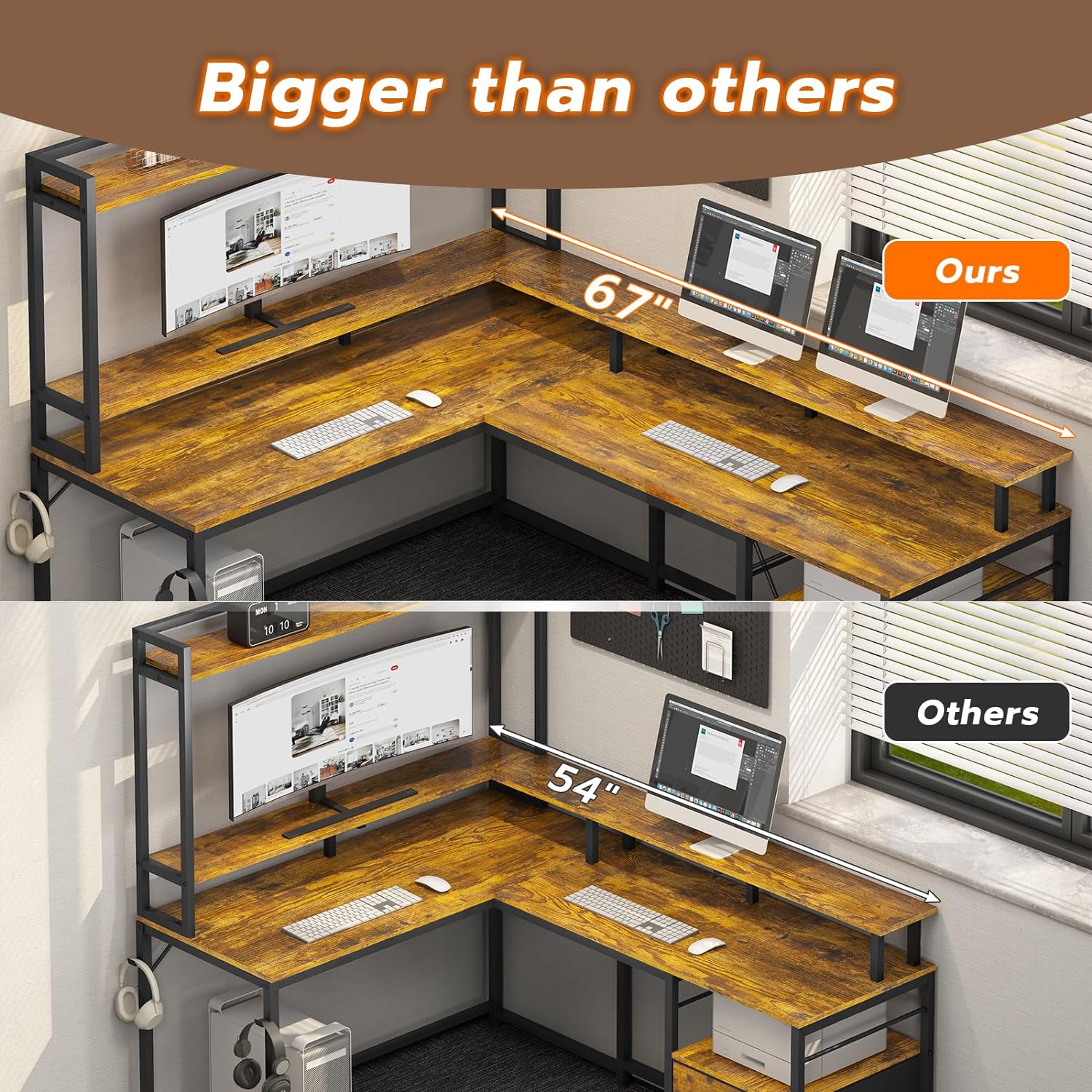Brown L Shaped Desk with File Drawers and LED Lights A7877