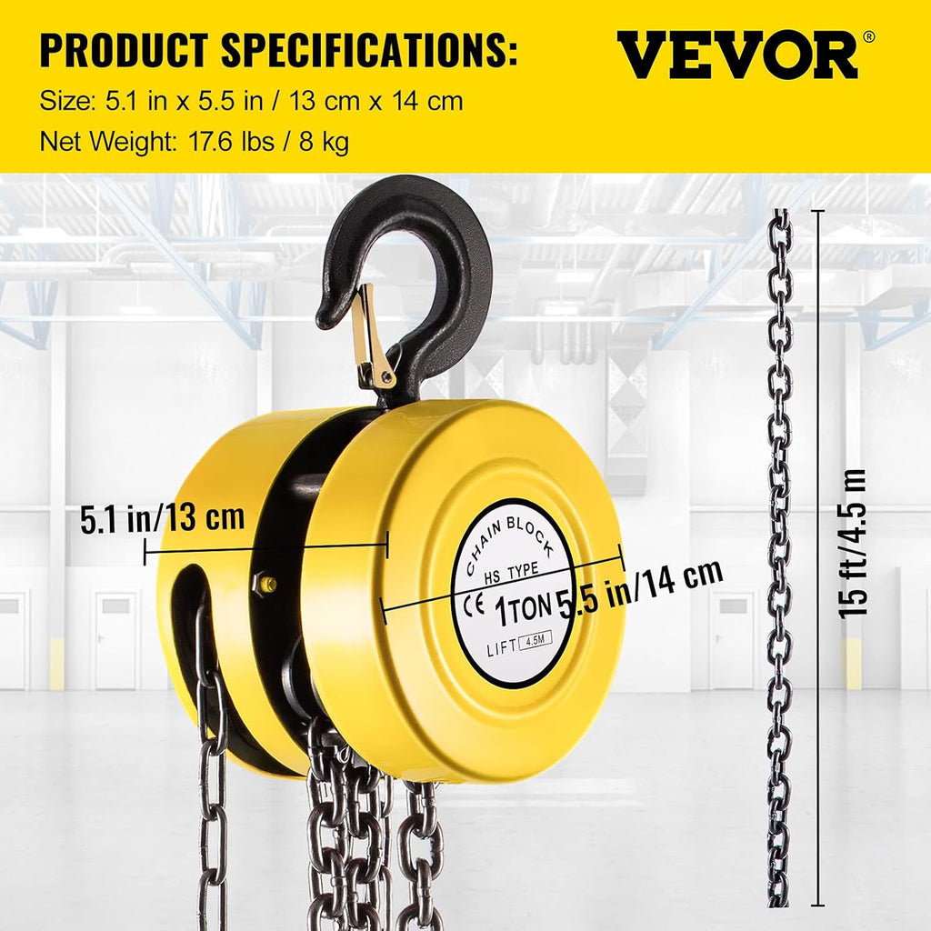 2200 lbs 1 Ton Capacity Manual Chain Block, 15ft Lift, Pack of 2 Y66907