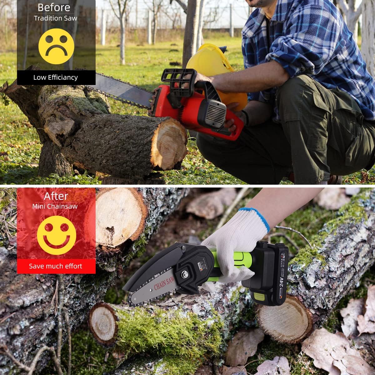Mini Chainsaw Cordless 2 Pcs 24V Rechargeable Battery Portable One-Handed H4928