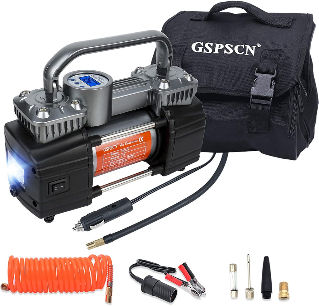 Portable Digital Car Tire Inflator 150Psi Auto Shut-Off Heavy Duty Double Cylinders 12V Air Compressor Pump with LED Light F254211