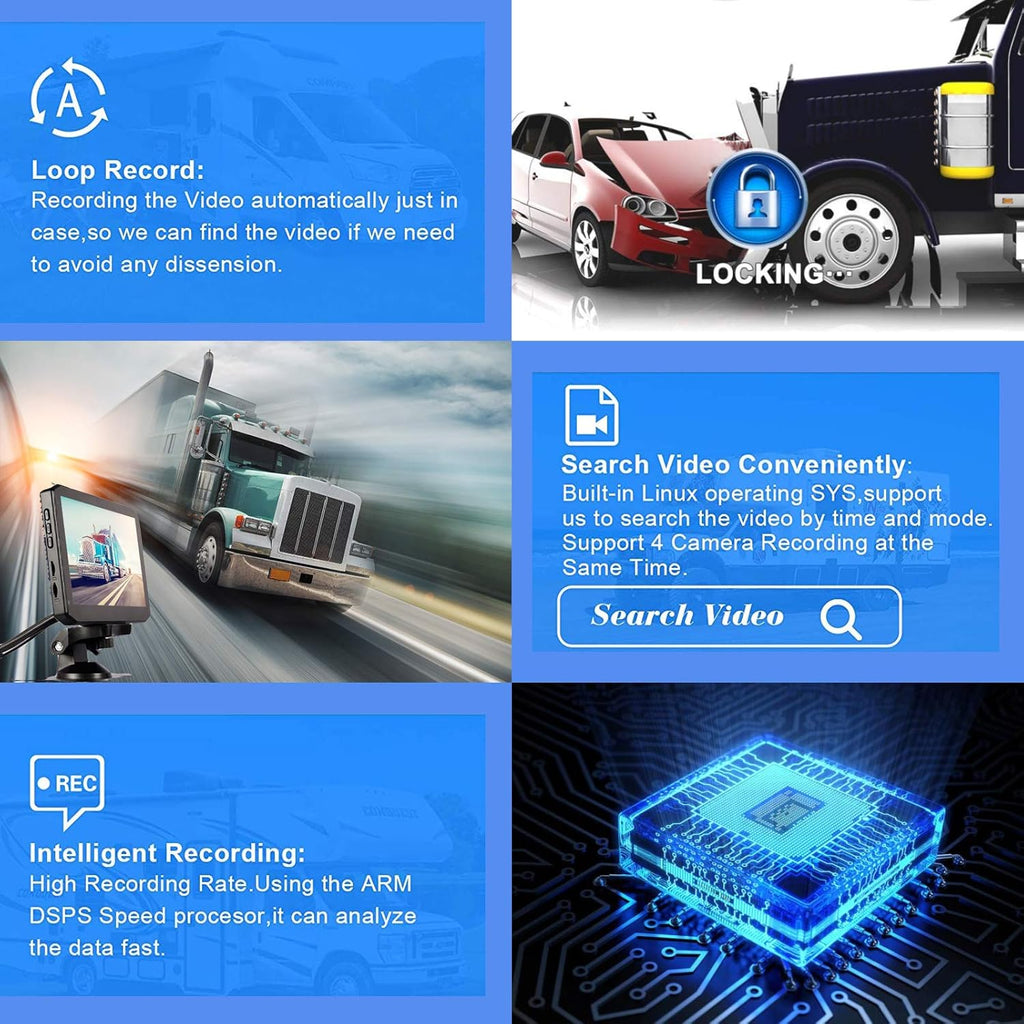 4CH Truck Dash Camera System DVR Recorder Waterproof Backup Camera Front&Sides&Rear VGA 7.0 Monitor Infrared Night Vision B48545