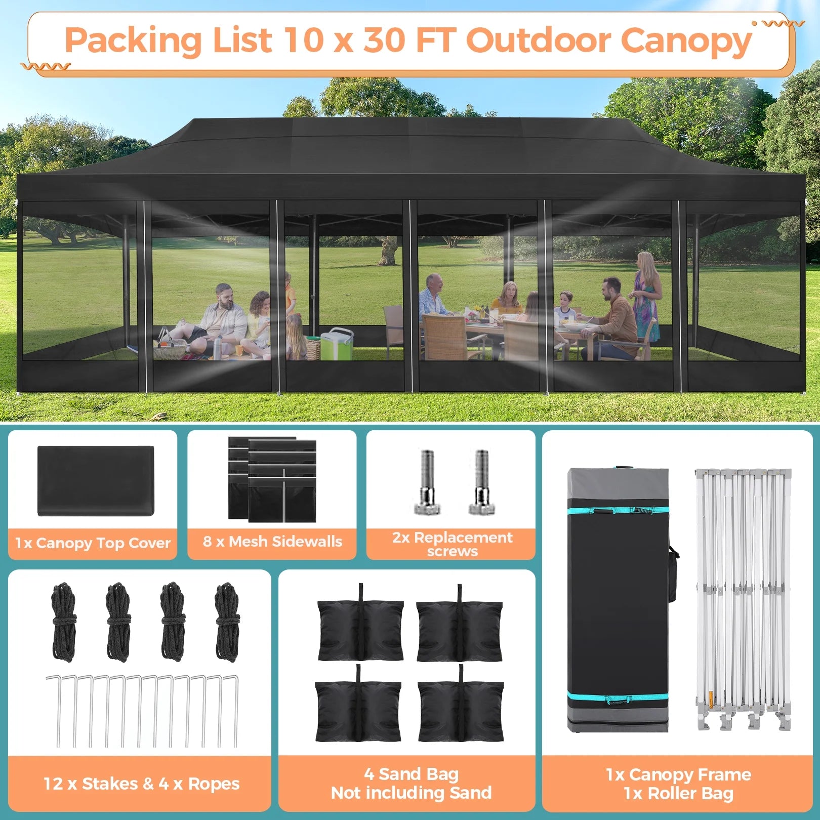10x30 FT Pop Up Canopy with Removable 8 Piece Mesh Sidewalls, Black P100030
