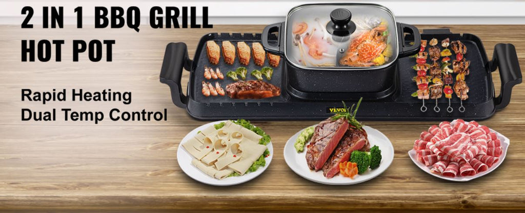 2in1 Electric BBQ Grill Hot Pot 2400W Smokeless Nonstick Detachable J39494