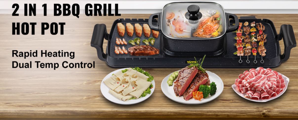 2in1 Electric BBQ Grill Hot Pot 2400W Smokeless Nonstick Detachable J39494