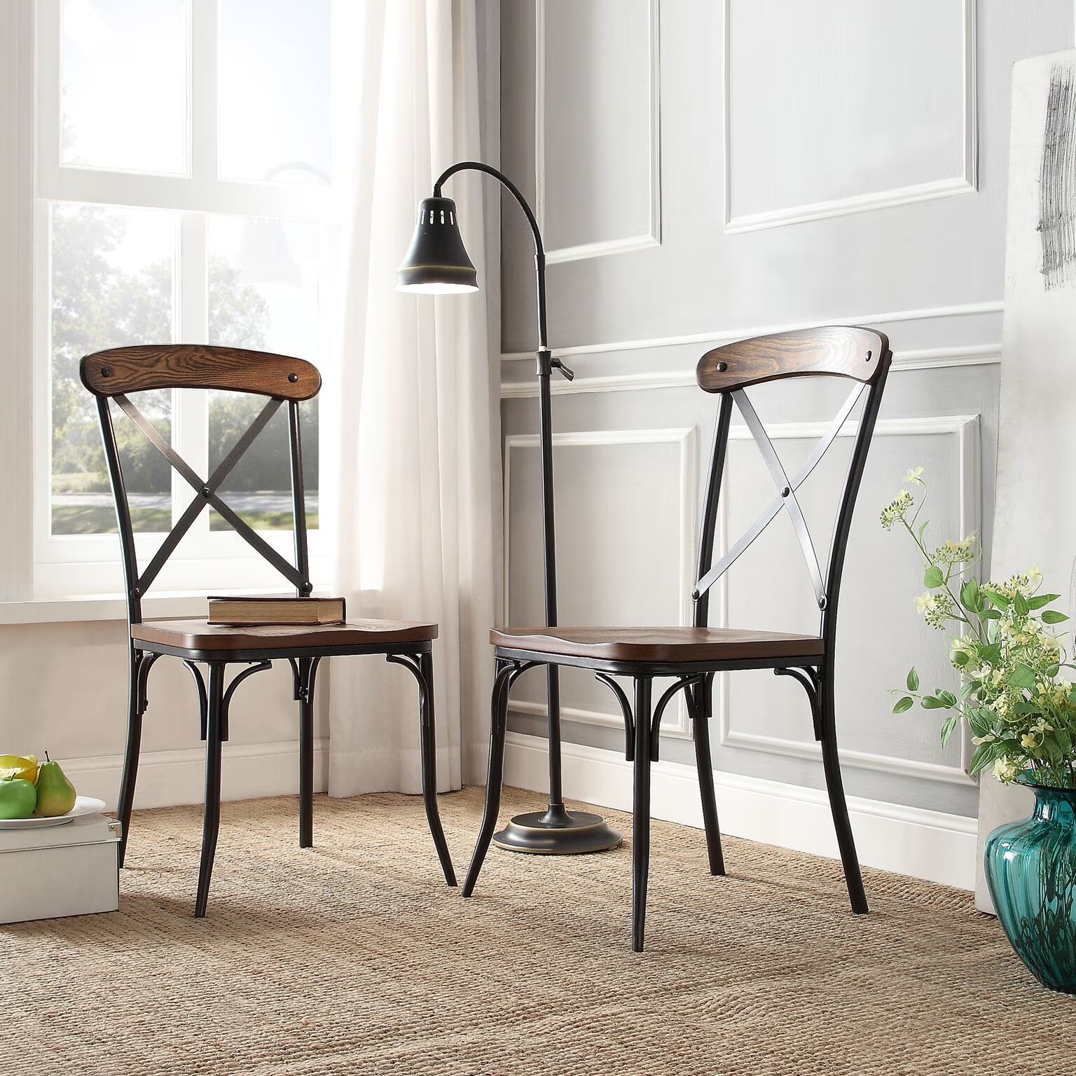 Metal Frame Dining Side Chairs, Set of 2, Brown and Ash Q270100