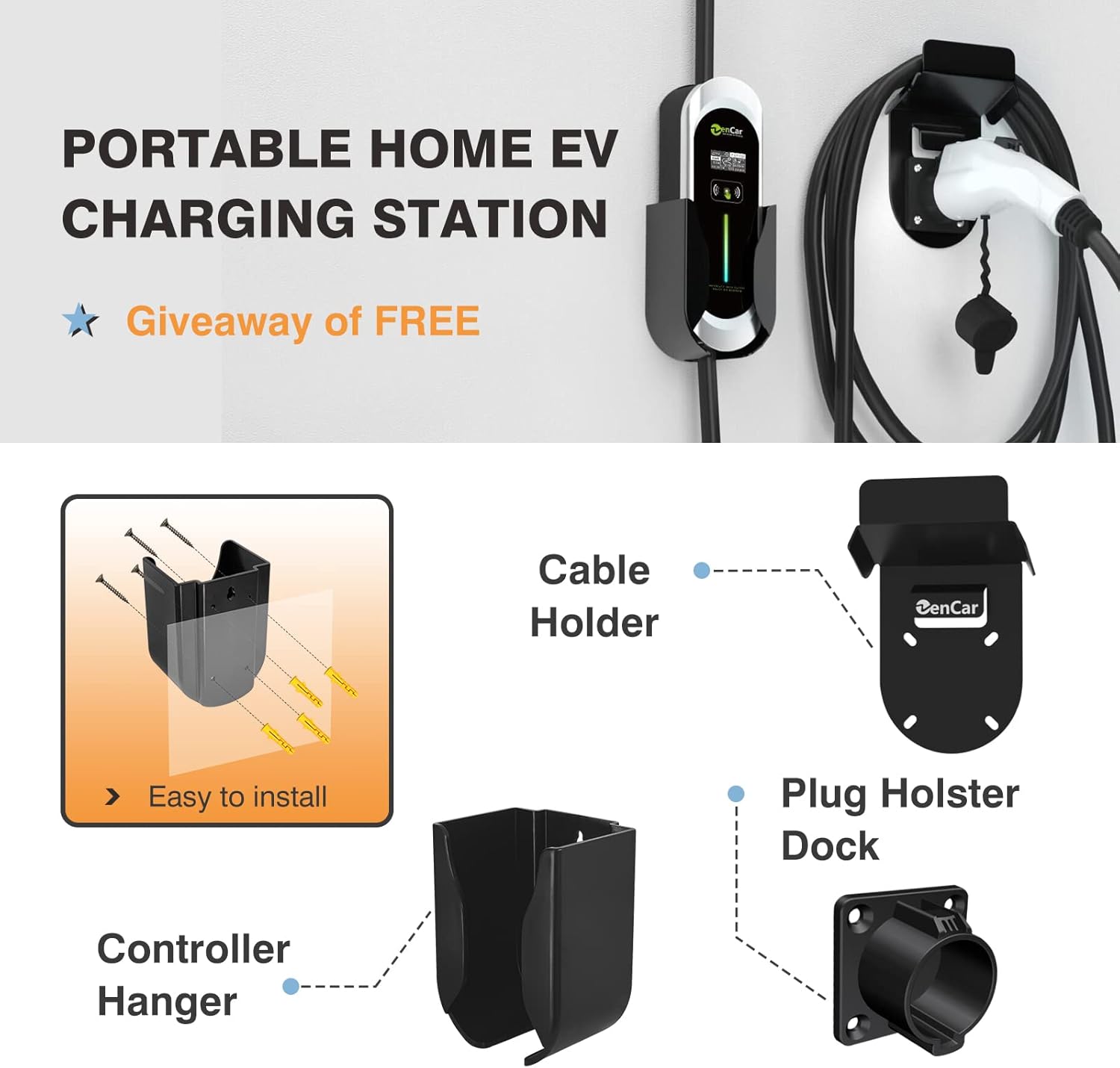Portable EV Charger with NEMA 5-15 Plug, Adjustable Currents 8A-16A T214