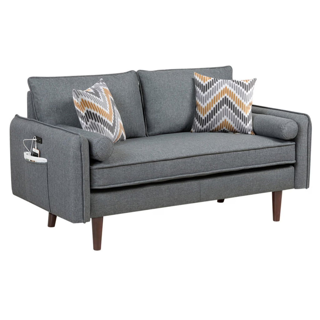 Gray Linen Loveseat Couch with USB Charging Ports & Pillows H7738