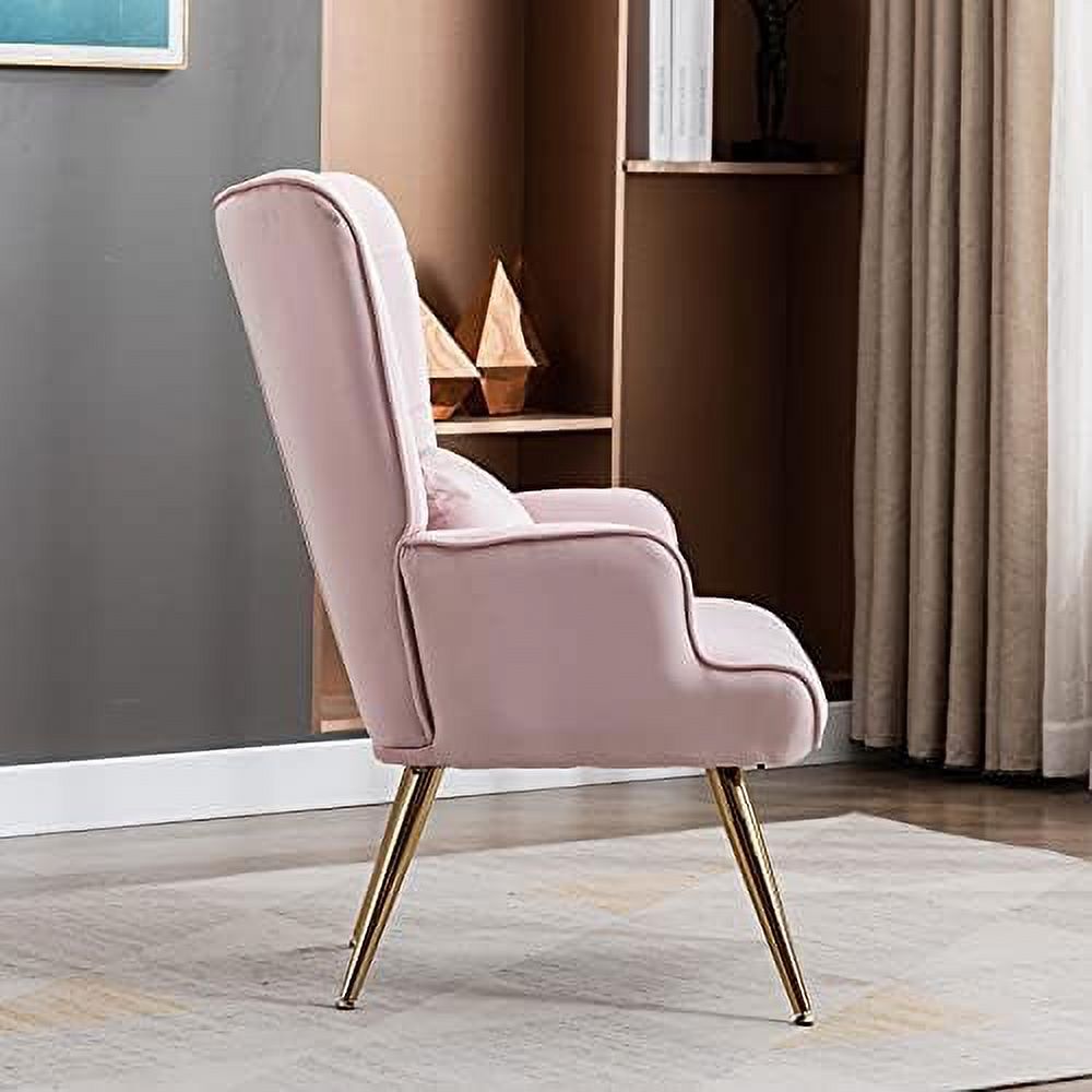 Velvet Buttoned Accent Arm Lounge Chair with Golden Plated Metal Legs & Pillow High Wingback Club Chair B1813