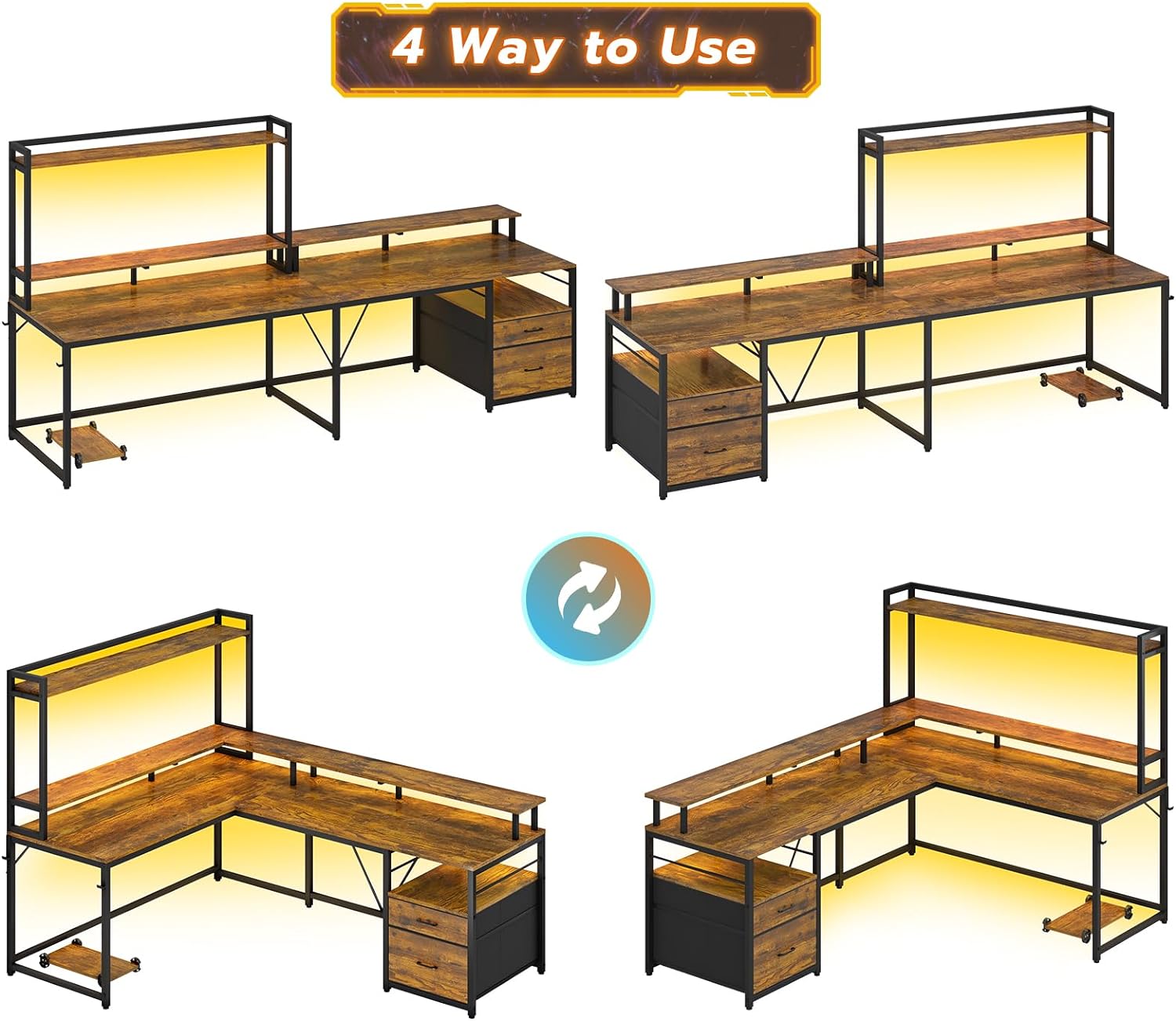 Brown L Shaped Desk with File Drawers and LED Lights A7877