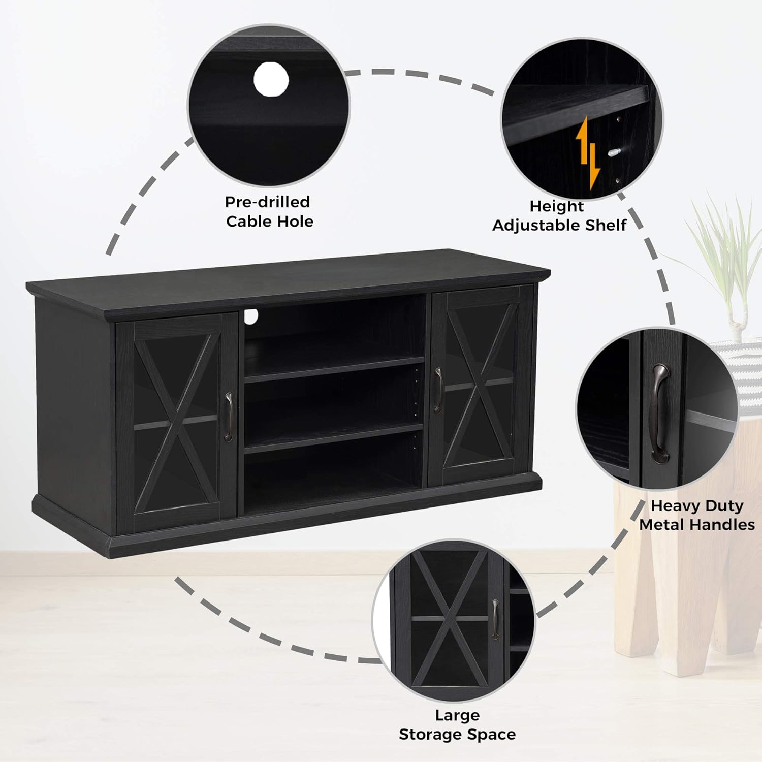 Black TV Stand with Storage Adjustable Shelves C223038