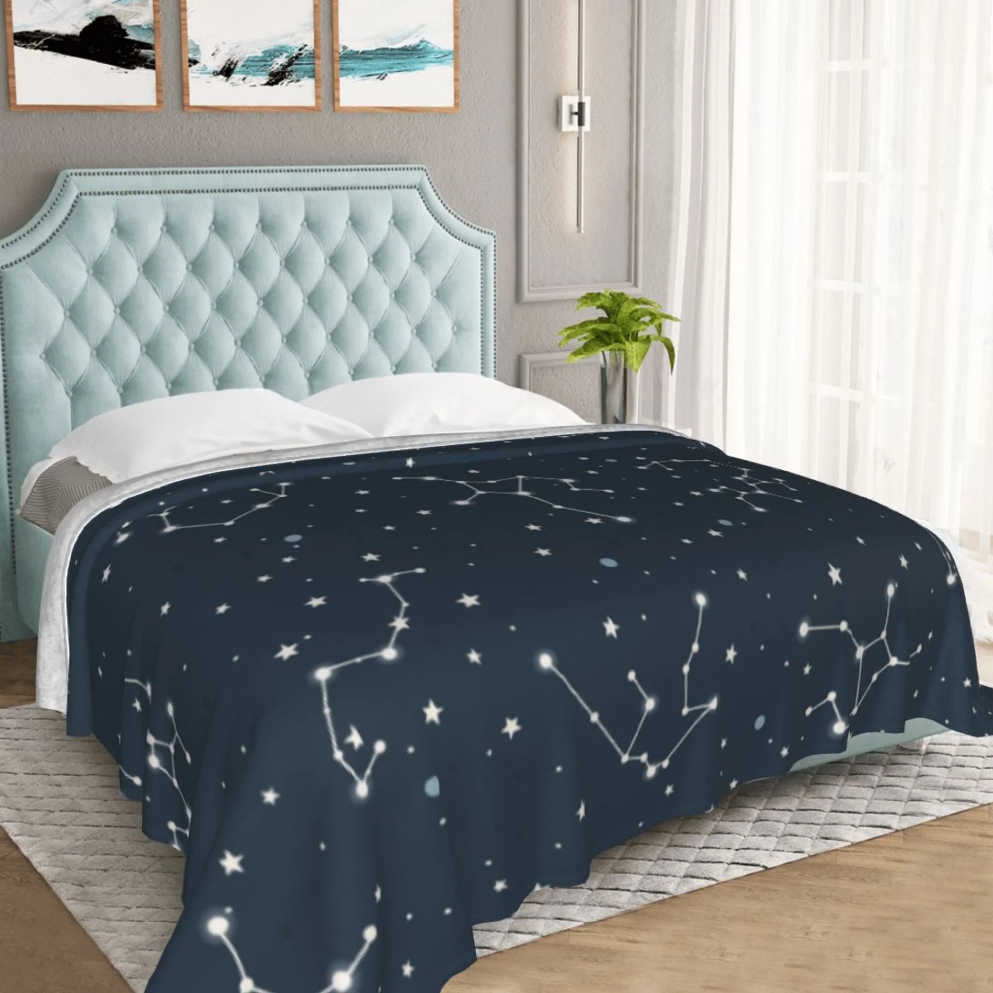 Blue Space Constellation Stars Pattern Plush Throw Blanket, 50" x 40" Z949593