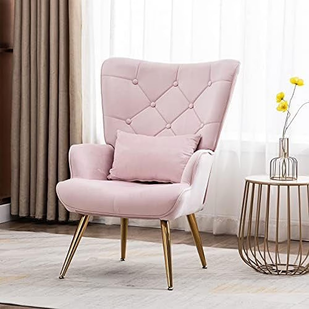 Velvet Buttoned Accent Arm Lounge Chair with Golden Plated Metal Legs & Pillow High Wingback Club Chair B1813
