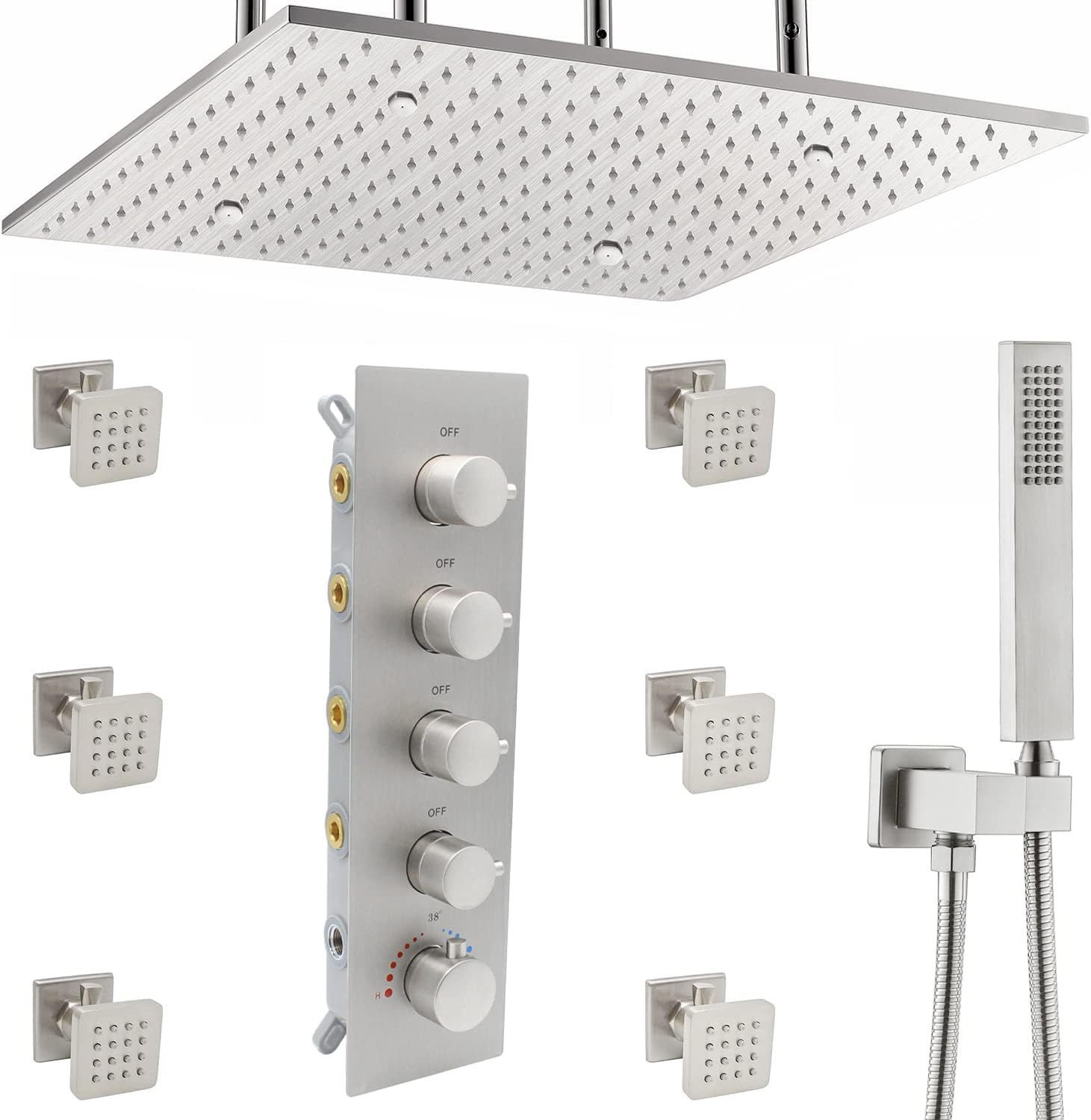 Brushed Gold Thermostatic Rain Shower Head System with Body Spray and Handheld Combo Set K82828